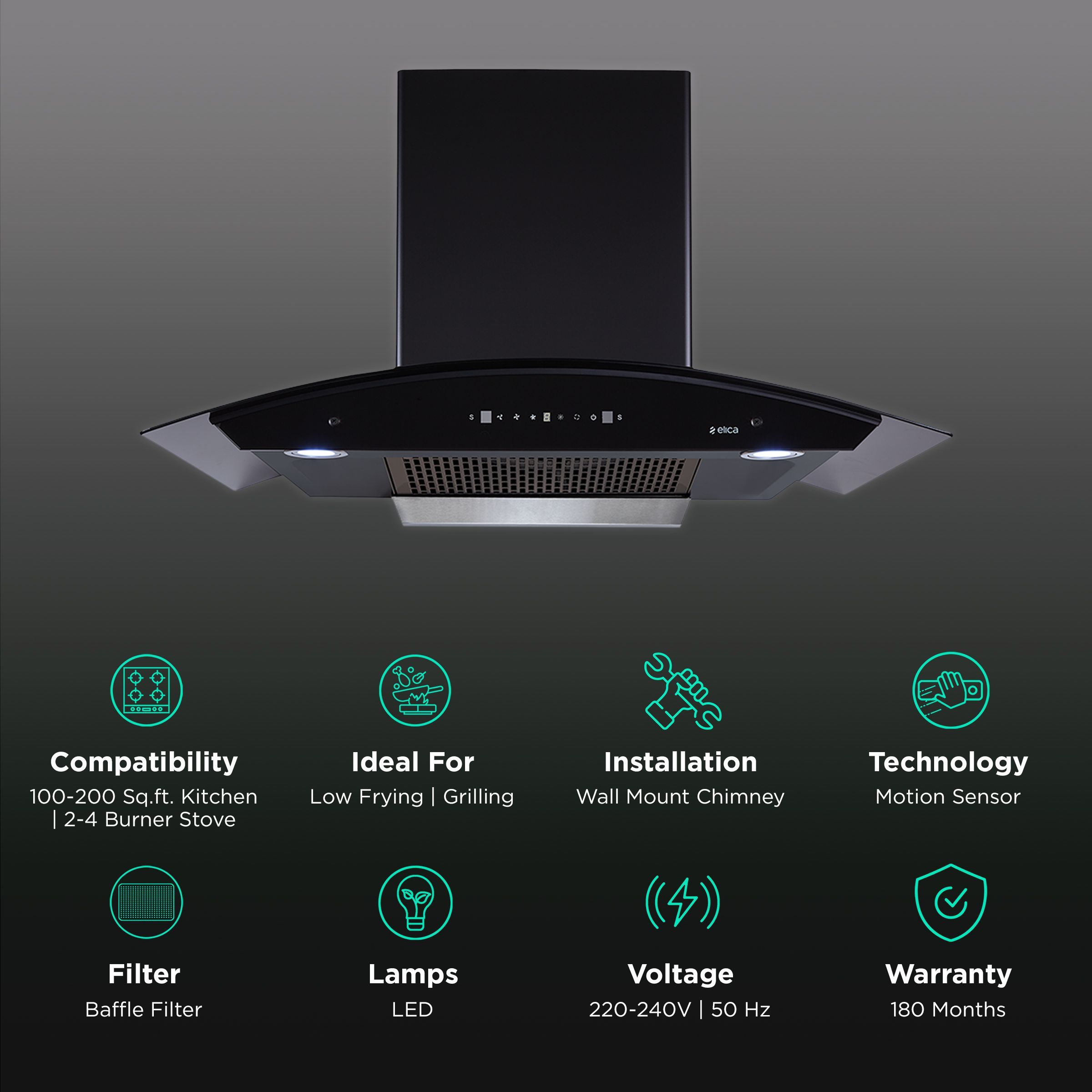elica TB FL HAC TOUCH 75 MS NERO 75cm Ducted Wall Mounted Chimney with Ergonomic Black (Matt Black)_3