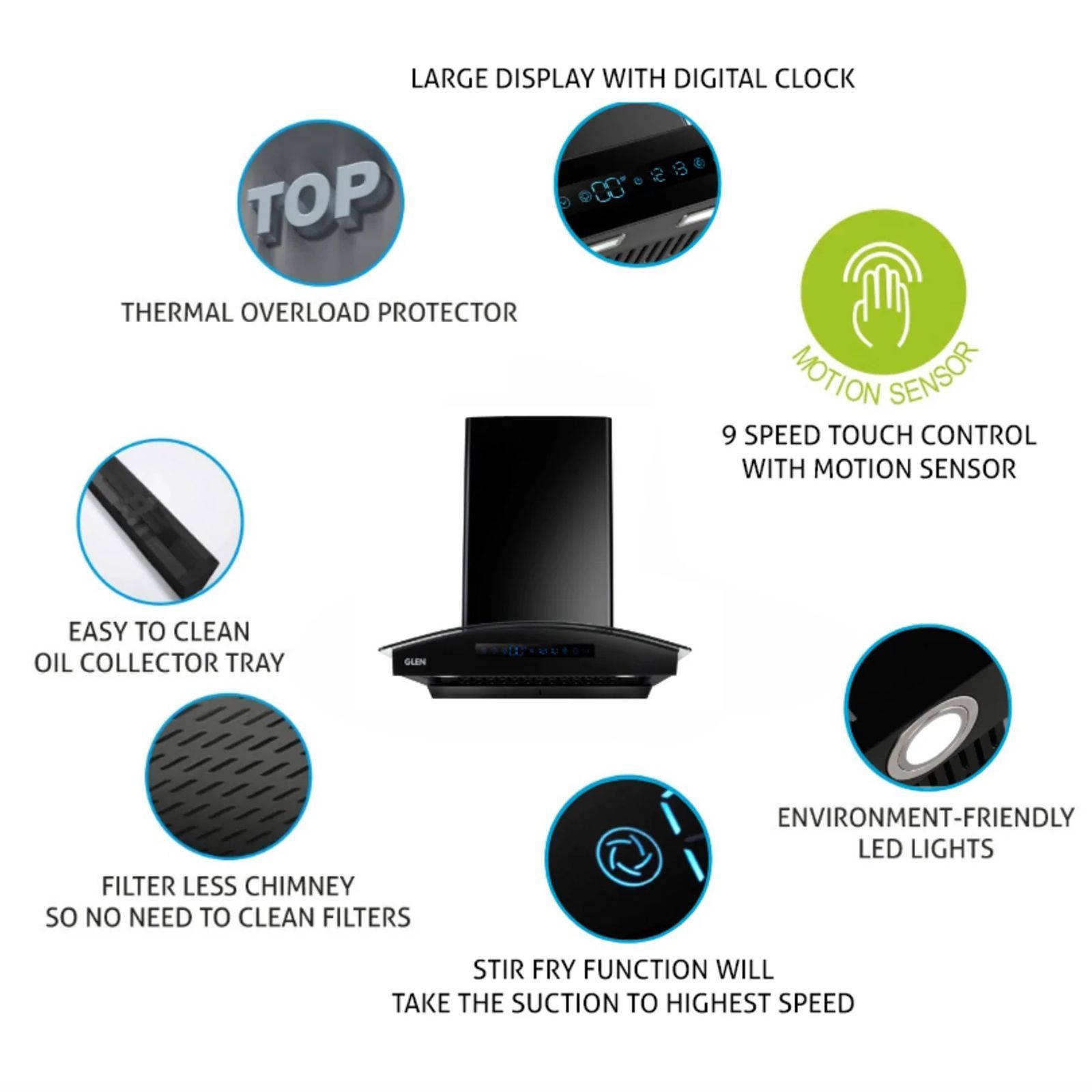 GLEN 6069 BL BLDC 60cm 1400m3/hr Ducted Auto Clean Wall Mounted Chimney with Touch Control Panel (Black)_8