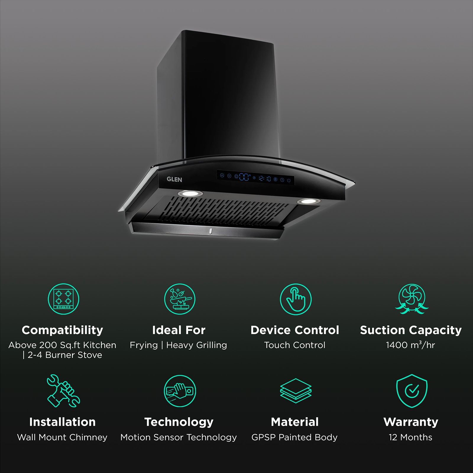 GLEN 6069 BL BLDC 60cm 1400m3/hr Ducted Auto Clean Wall Mounted Chimney with Touch Control Panel (Black)_3