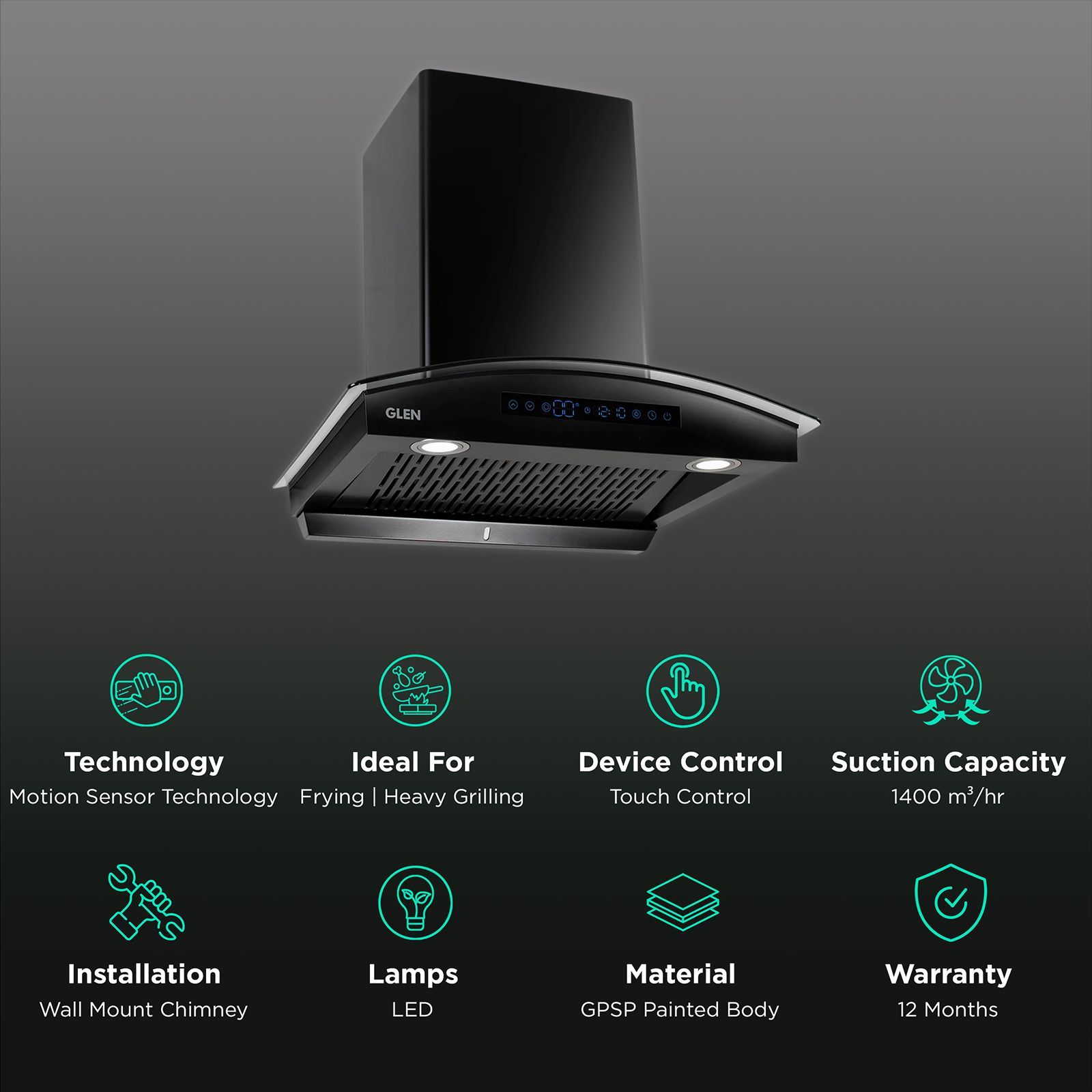 GLEN 6069 BL BLDC 76cm 1400m3/hr Ducted Auto Clean Wall Mounted Chimney with Touch Control Panel (Black)_3