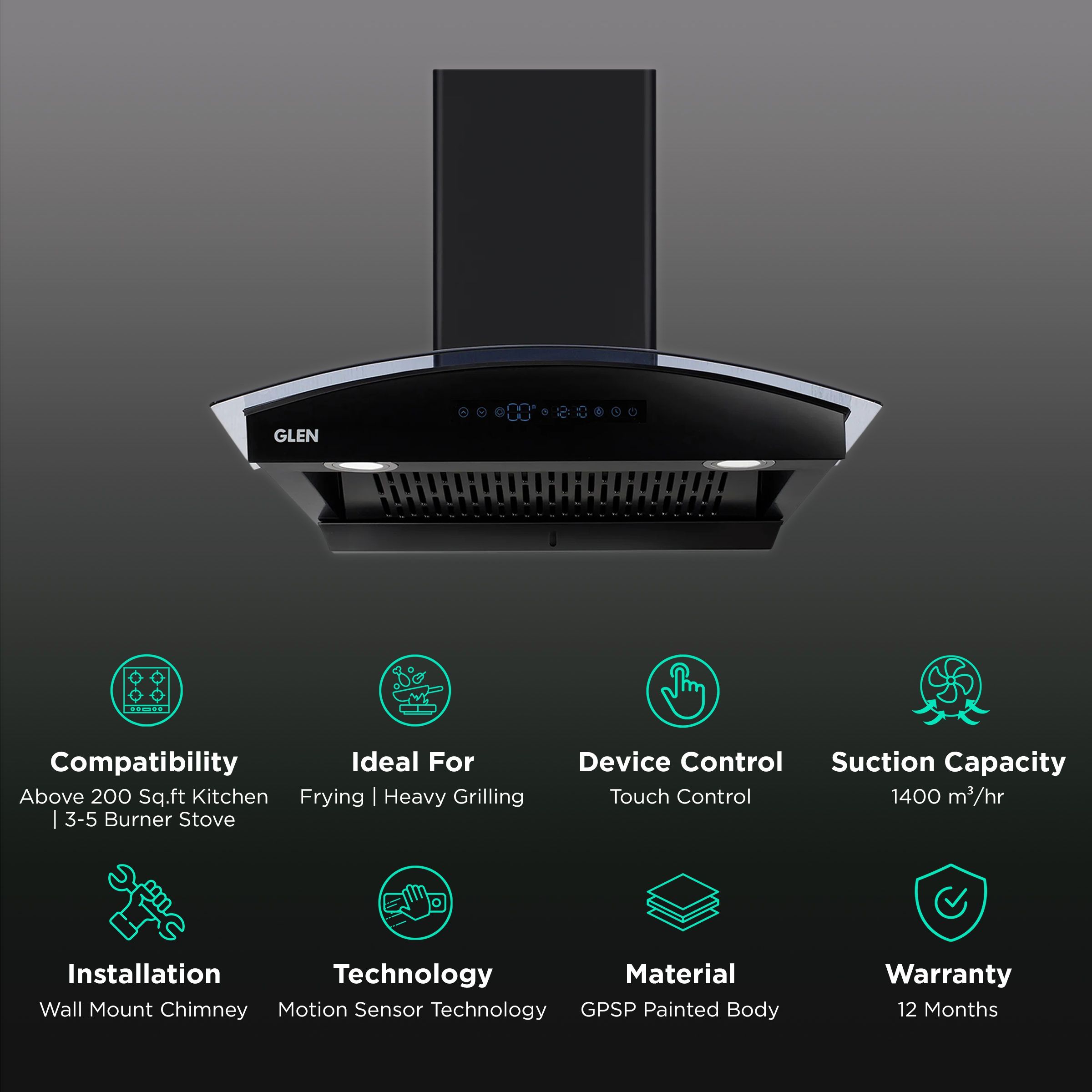 GLEN 6069 BL BLDC 90cm 1400m3/hr Ducted Auto Clean Wall Mounted Chimney with Touch Control Panel (Black)_3