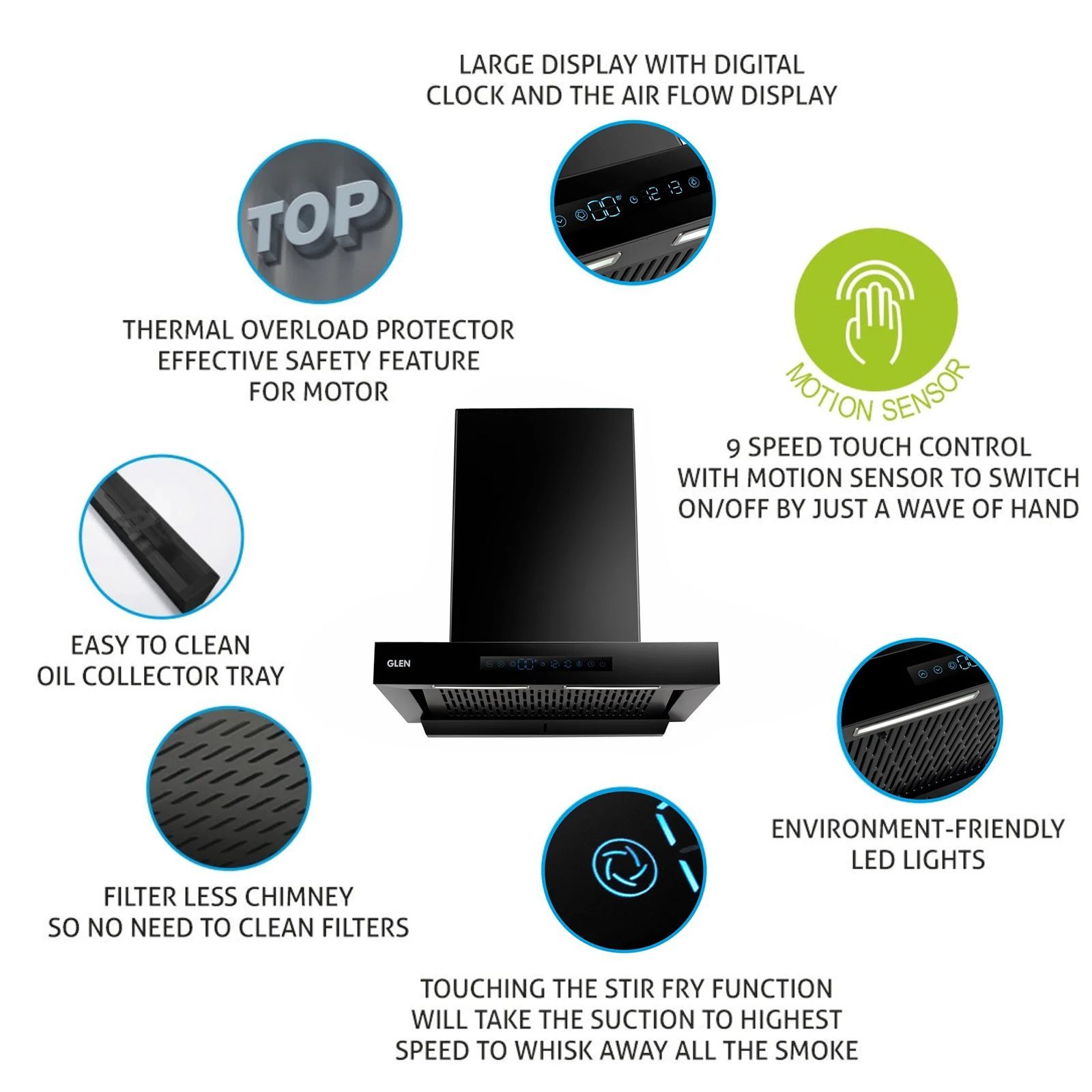 GLEN 6053 BL BLDC 76cm 1400m3/hr Ducted Auto Clean Wall Mounted Chimney with Touch Control Panel (Black)_14