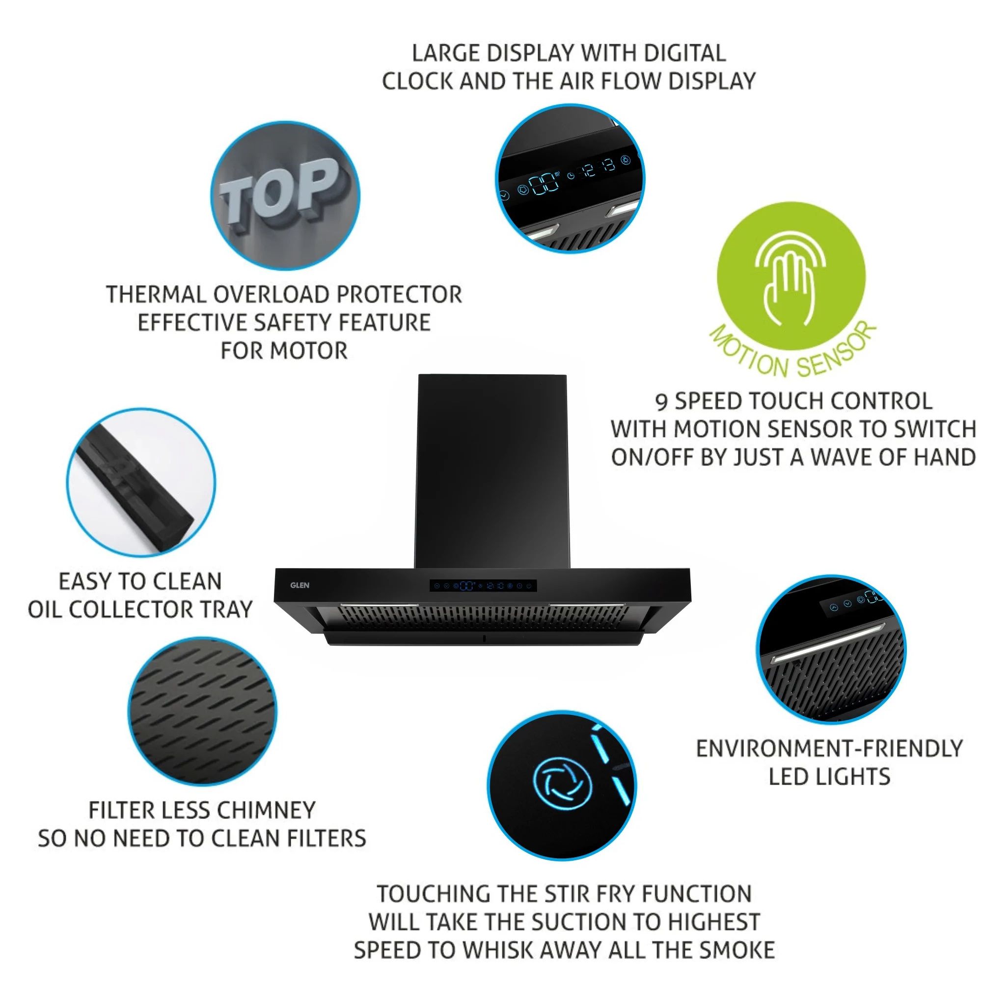 GLEN 6053 BL BLDC 90cm 1400m3/hr Ducted Auto Clean Wall Mounted Chimney with Touch Control Panel (Black)_9