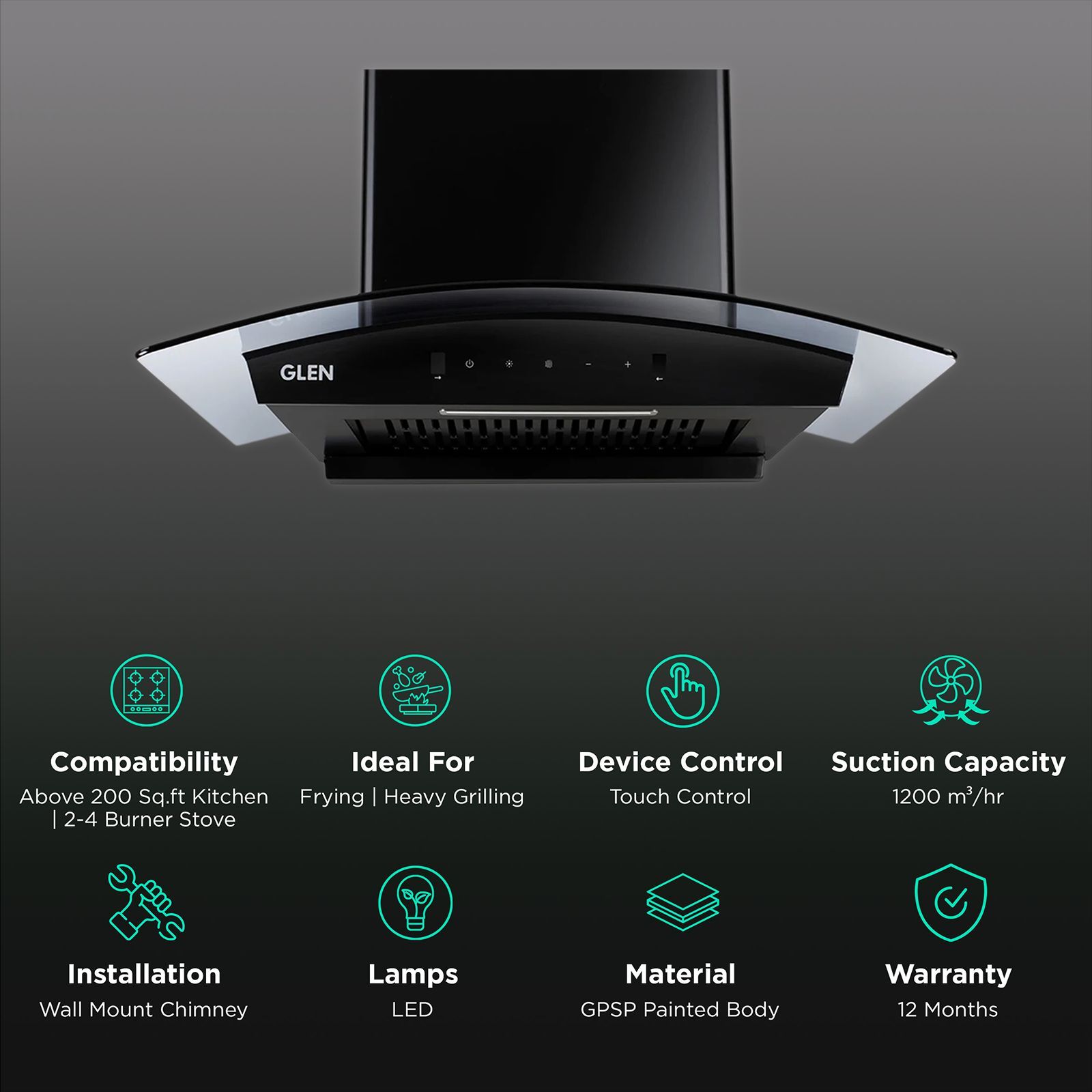 GLEN 6071 BL BLDC 60cm 1200m3/hr Ducted Auto Clean Wall Mounted Chimney with Touch Control Panel (Black)_3