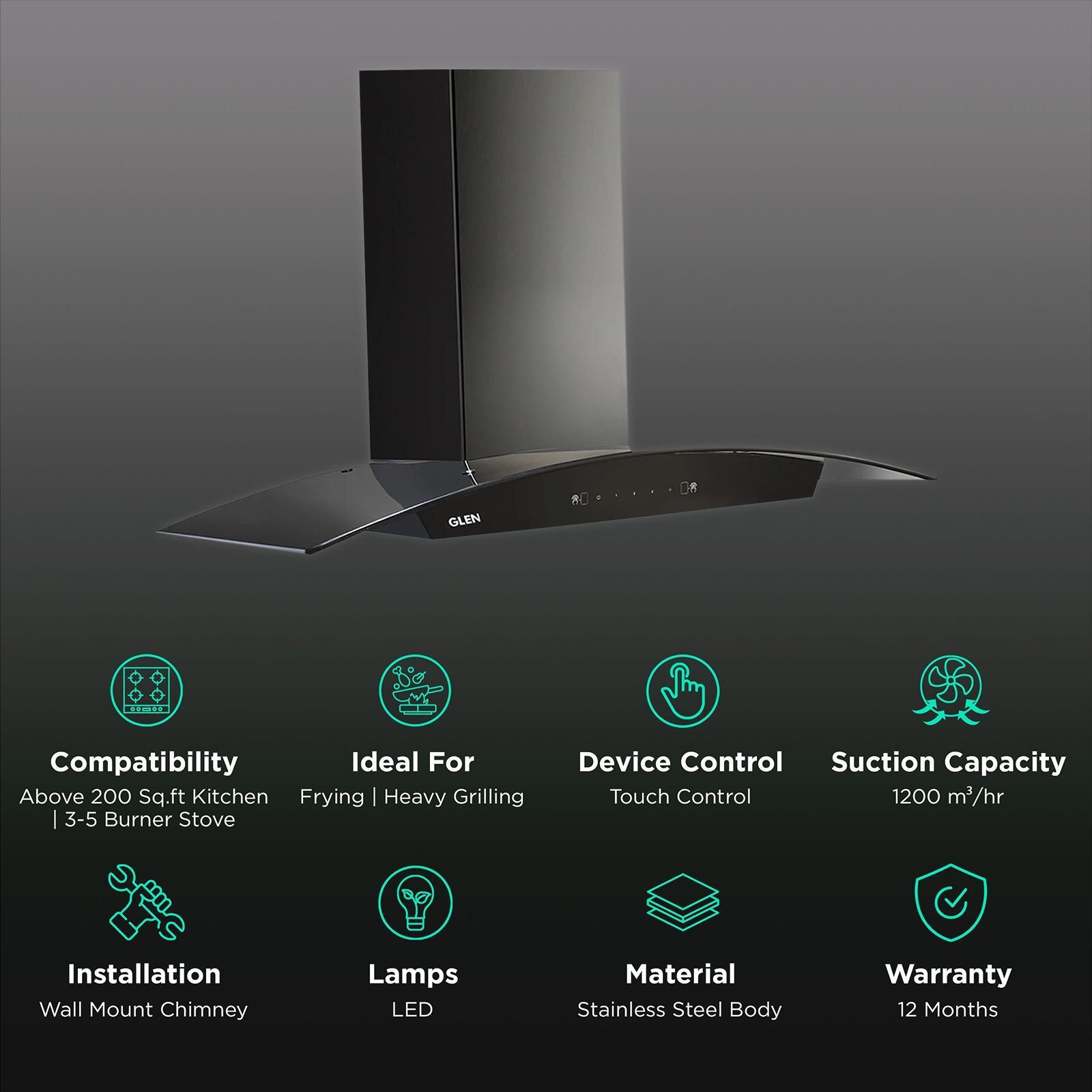GLEN 6059 BL 90cm 1200m3/hr Ducted Auto Clean Wall Mounted Chimney with Touch Control Panel (Black)_3
