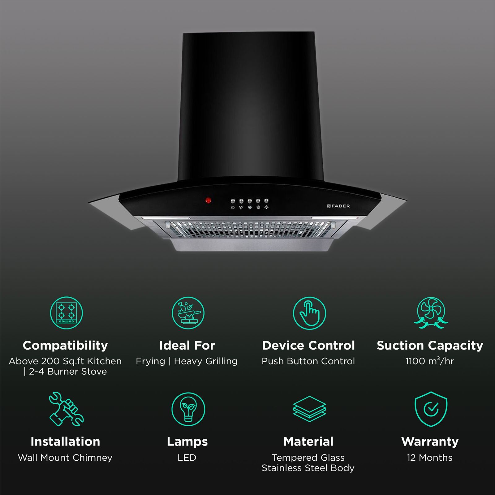 FABER ACE PRO HC PB BK 60cm 1100m3/hr Ducted Auto Clean Wall Mounted Chimney with Push Button Control (Black)_3