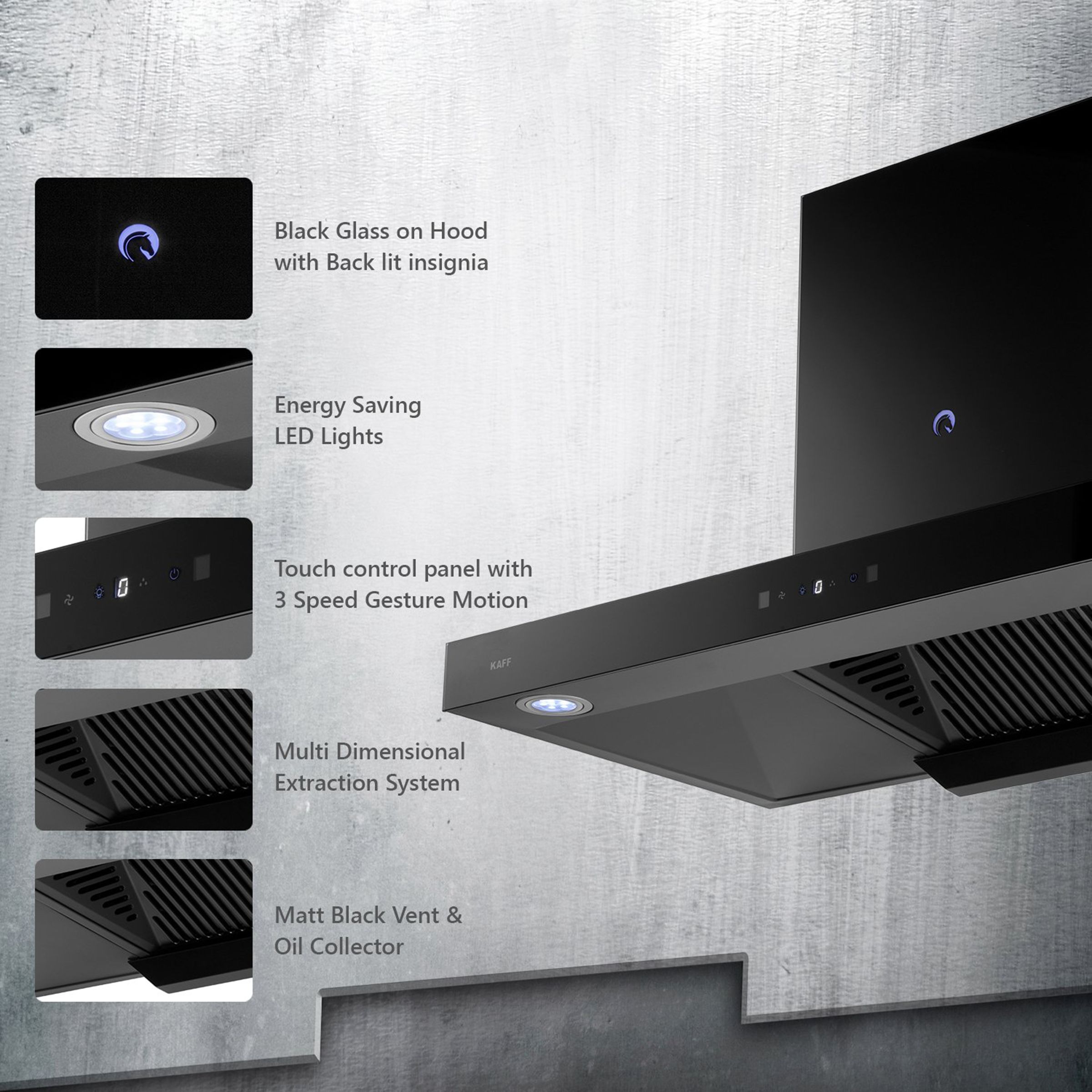KAFF ELECTRA DHC BL 90cm 1180m3/hr Ducted Auto Clean Wall Mounted Chimney with Touch Control Panel (Black)_8