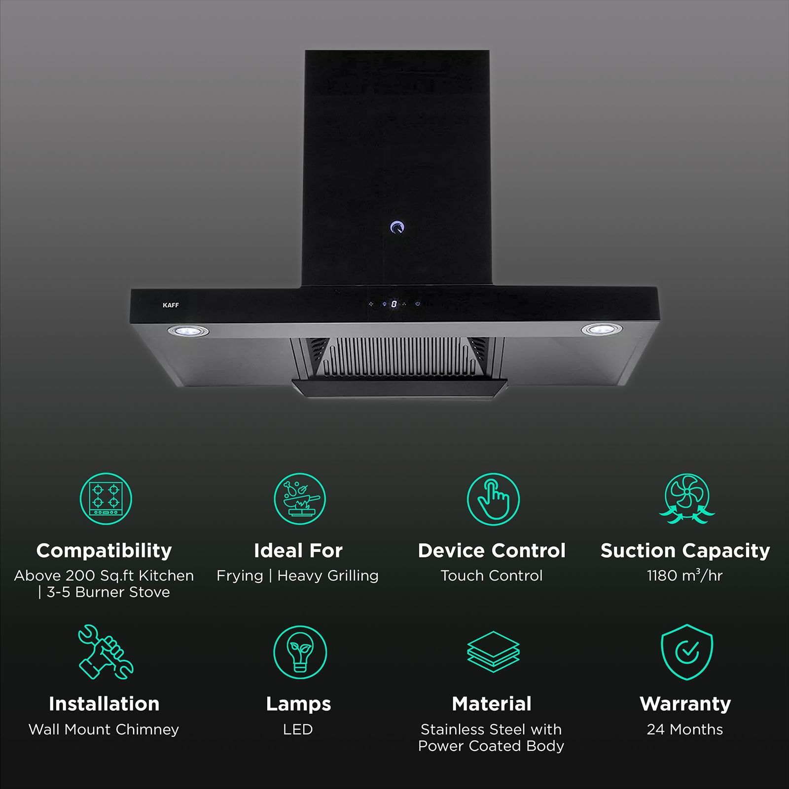 KAFF ELECTRA DHC BL 90cm 1180m3/hr Ducted Auto Clean Wall Mounted Chimney with Touch Control Panel (Black)_3