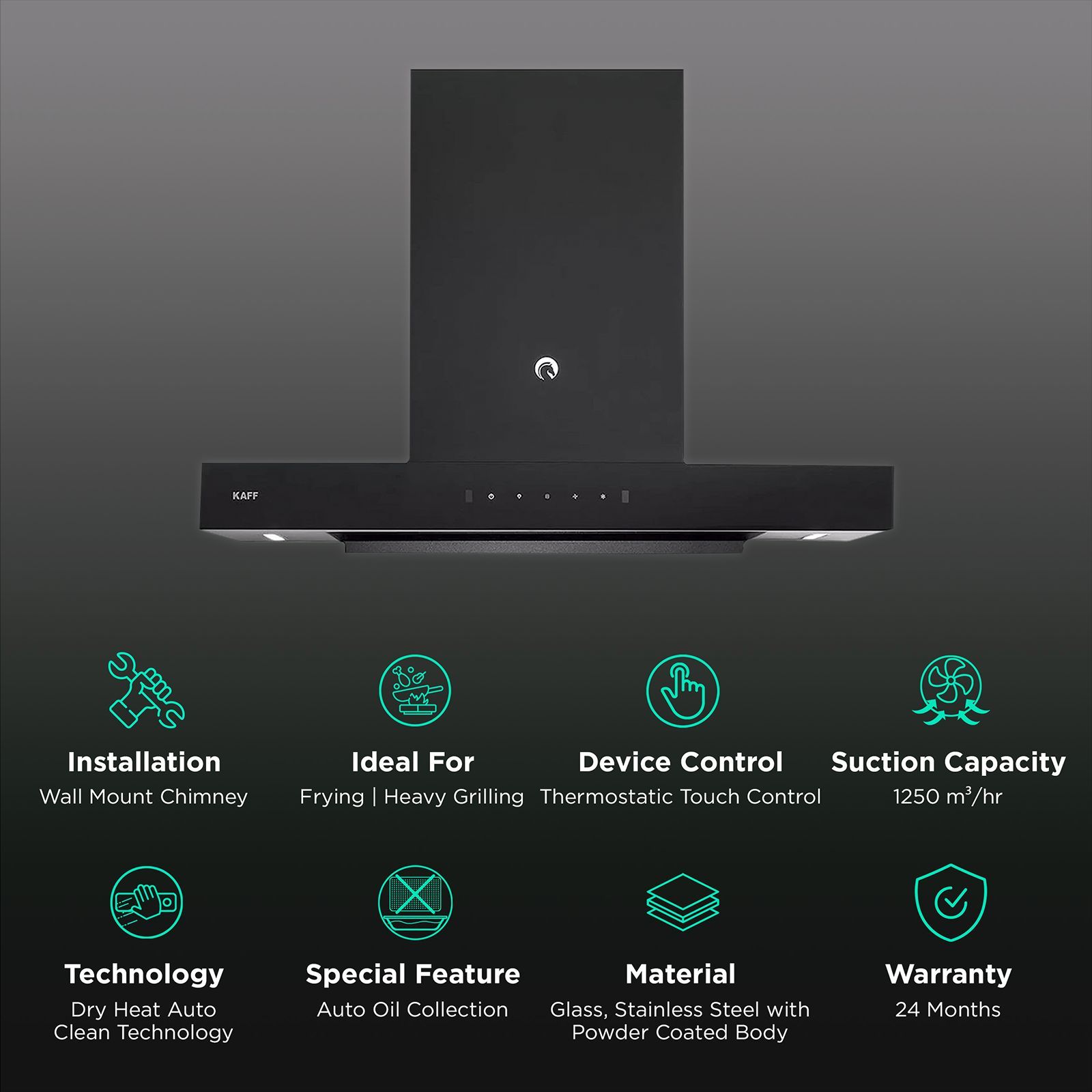 KAFF CASTO DX DHC 75cm 1250m3/hr Ducted Auto Clean Wall Mounted Chimney with Thermostatic Touch Control Panel (Black)_3