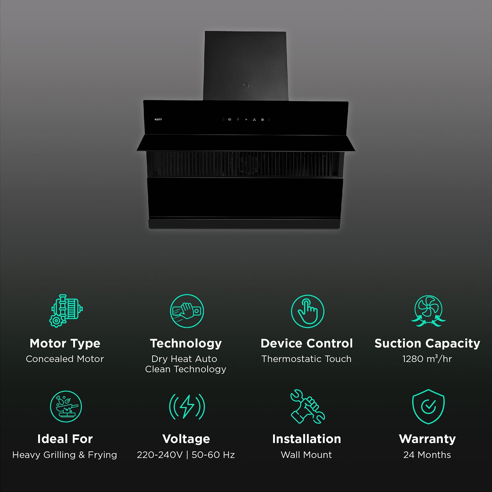 KAFF ALBURY LX DHC 75cm 1280m3/hr Ducted Wall Mounted Chimney with Touch Control Panel (Black)_3