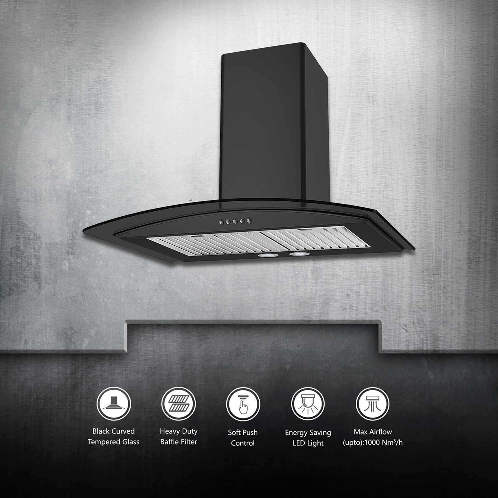 KAFF FLO LX BF 60cm 1000m3/hr Ducted Wall Mounted Chimney with Soft Push Button Control (Black) KAFF FLO LX BF 60cm 1000m3/hr Ducted Wall Mounted Chimney with Soft Push Button Control (Black)_9