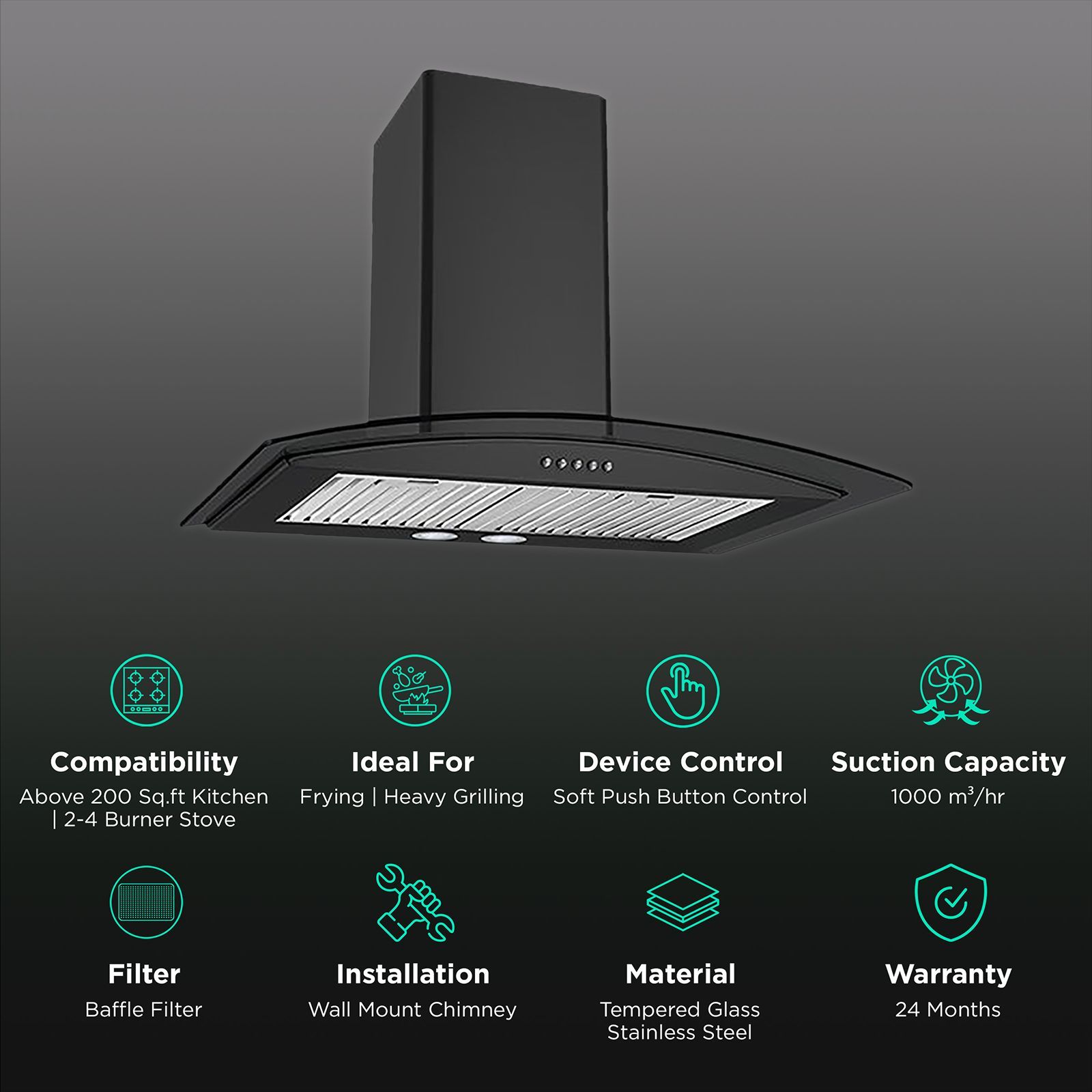 KAFF FLO LX BF 60cm 1000m3/hr Ducted Wall Mounted Chimney with Soft Push Button Control (Black) KAFF FLO LX BF 60cm 1000m3/hr Ducted Wall Mounted Chimney with Soft Push Button Control (Black)_3