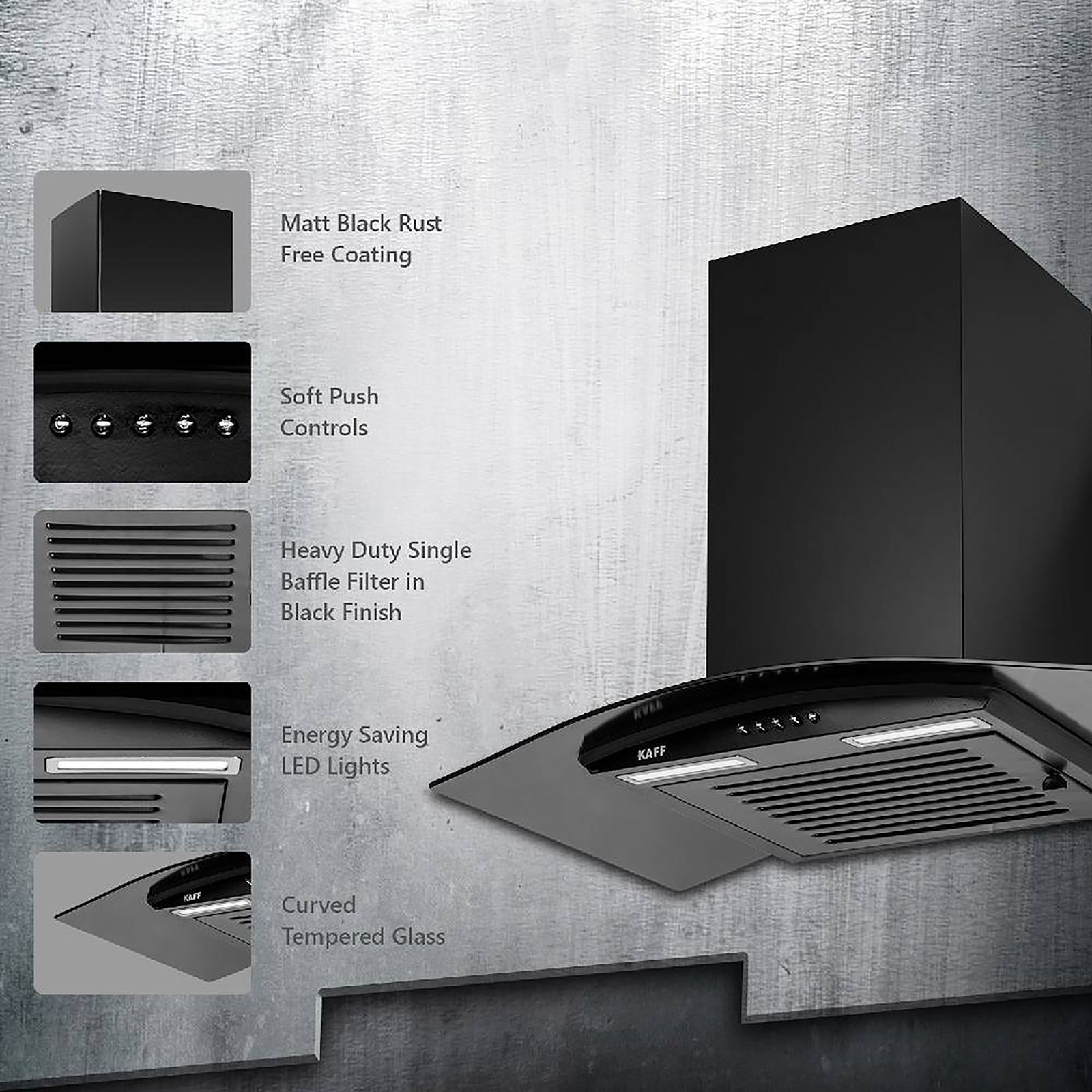 KAFF MAX BF 60cm 1000m3/hr Ducted Auto Clean Wall Mounted Chimney with Soft Push Control (Black) KAFF MAX BF 60cm 1000m3/hr Ducted Auto Clean Wall Mounted Chimney with Soft Push Control (Black)_11