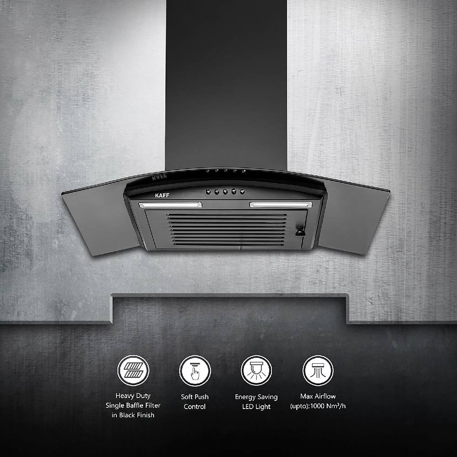 KAFF MAX BF 60cm 1000m3/hr Ducted Auto Clean Wall Mounted Chimney with Soft Push Control (Black) KAFF MAX BF 60cm 1000m3/hr Ducted Auto Clean Wall Mounted Chimney with Soft Push Control (Black)_12