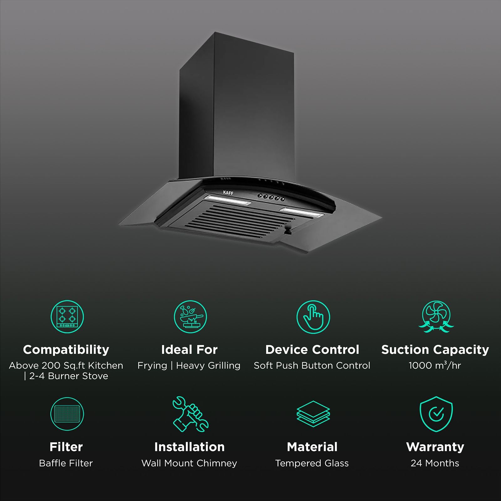 KAFF MAX BF 60cm 1000m3/hr Ducted Auto Clean Wall Mounted Chimney with Soft Push Control (Black) KAFF MAX BF 60cm 1000m3/hr Ducted Auto Clean Wall Mounted Chimney with Soft Push Control (Black)_3