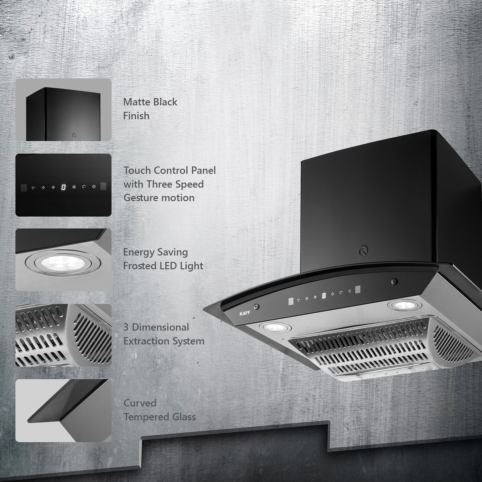 KAFF TANNIC DHC 60cm 1080m3/hr Ducted Auto Clean Wall Mounted Chimney with Touch Control Panel (Black)_10
