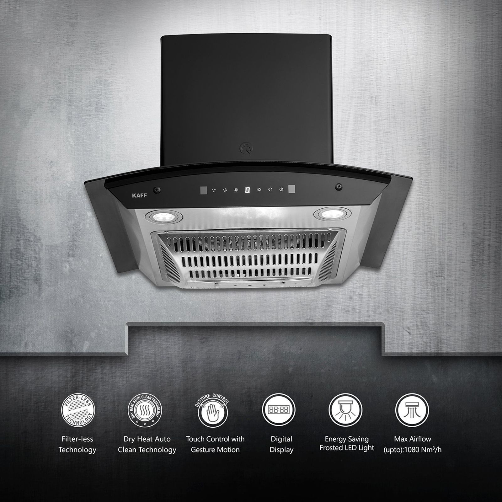 KAFF TANNIC DHC 60cm 1080m3/hr Ducted Auto Clean Wall Mounted Chimney with Touch Control Panel (Black)_12
