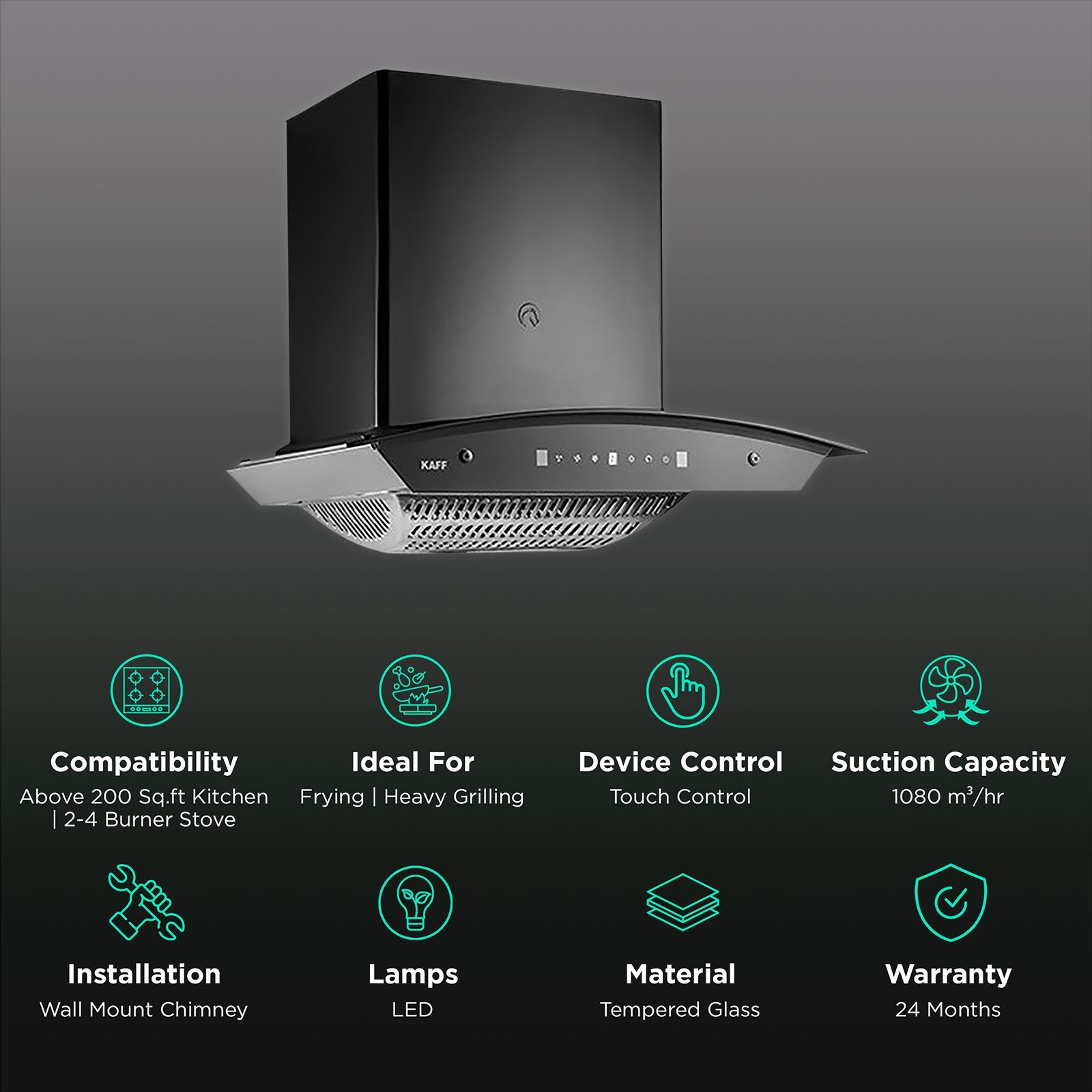 KAFF TANNIC DHC 60cm 1080m3/hr Ducted Auto Clean Wall Mounted Chimney with Touch Control Panel (Black)_3