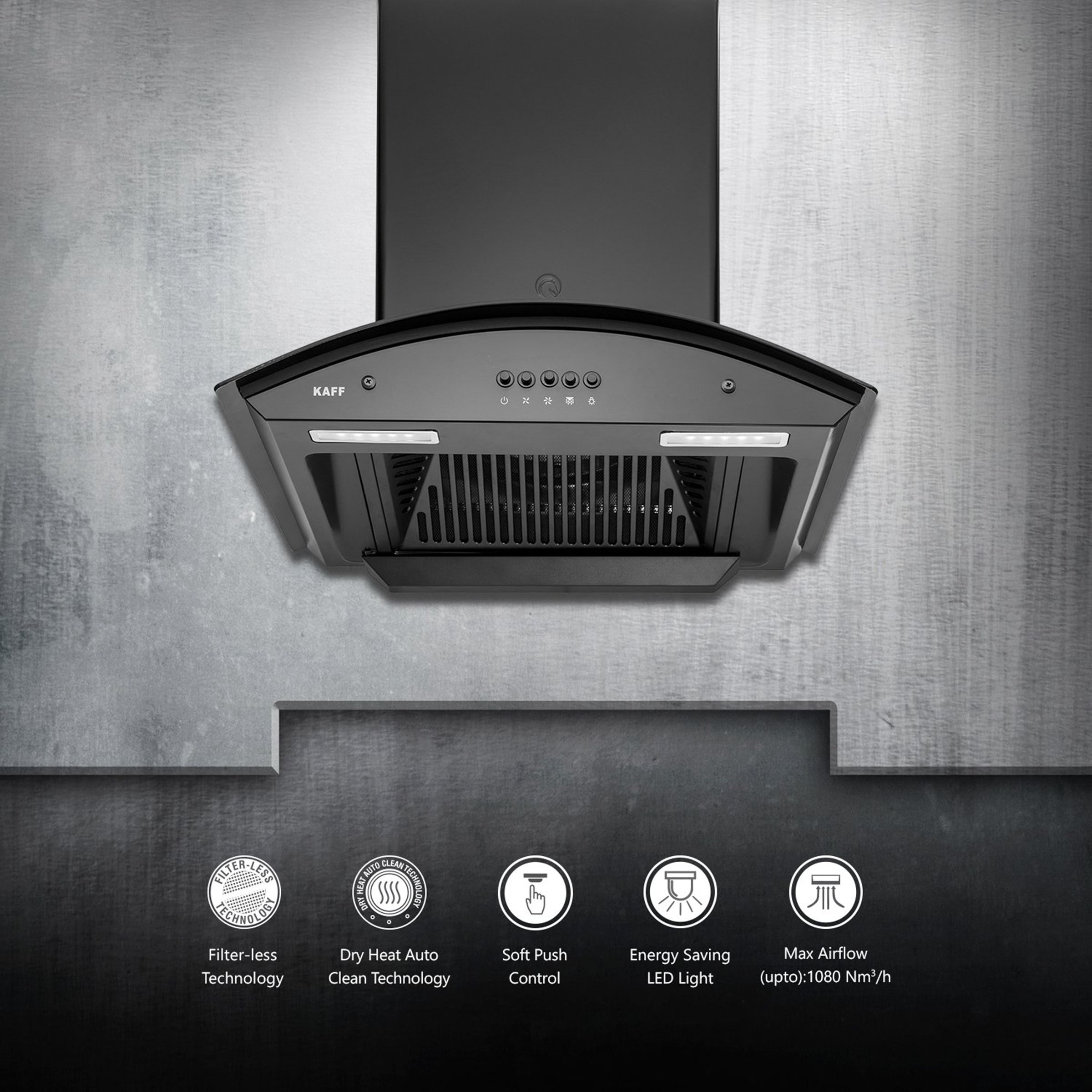 KAFF MARINA DHC 60cm 1080m3/hr Ducted Auto Clean Wall Mounted Chimney with Soft Push Control (Black)_9