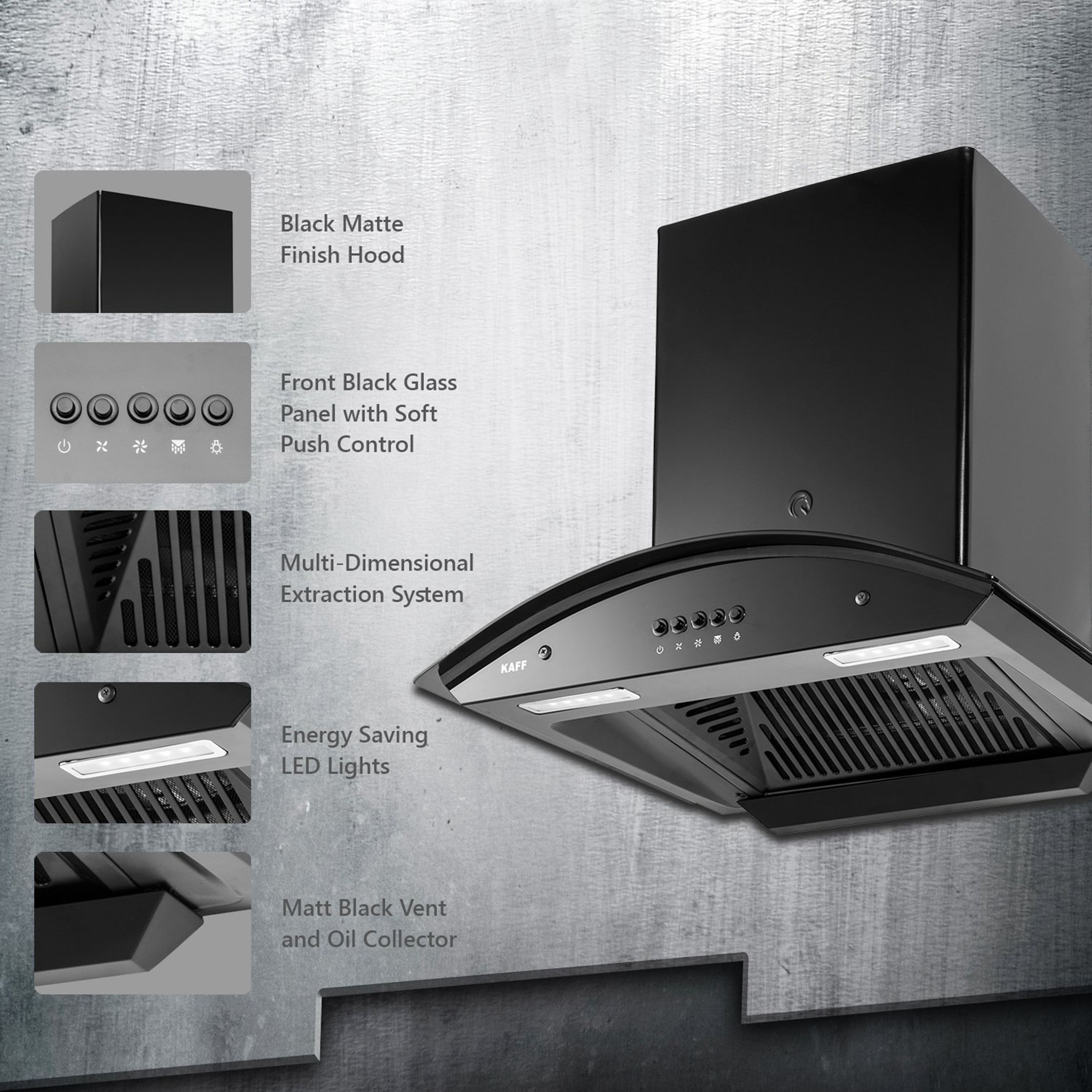 KAFF MARINA DHC 60cm 1080m3/hr Ducted Auto Clean Wall Mounted Chimney with Soft Push Control (Black)_11