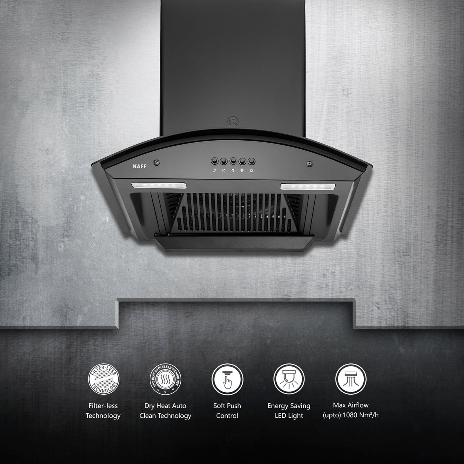 KAFF MARINA DHC 60cm 1080m3/hr Ducted Auto Clean Wall Mounted Chimney with Soft Push Control (Black)_14