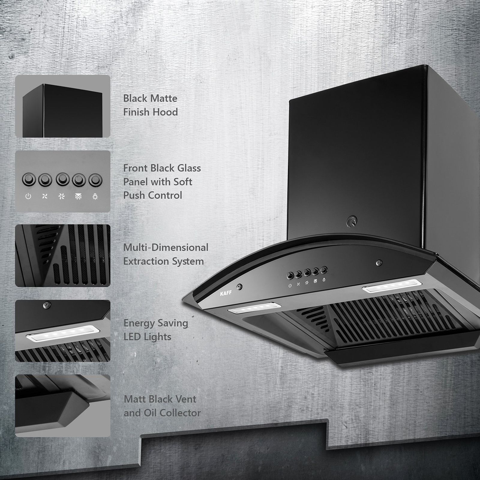 KAFF MARINA DHC 90cm 1080m3/hr Ducted Auto Clean Wall Mounted Chimney with Soft Push Control (Black)_9