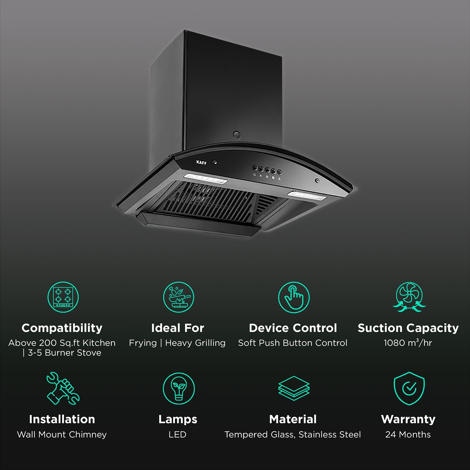 KAFF MARINA DHC 90cm 1080m3/hr Ducted Auto Clean Wall Mounted Chimney with Soft Push Control (Black)_3