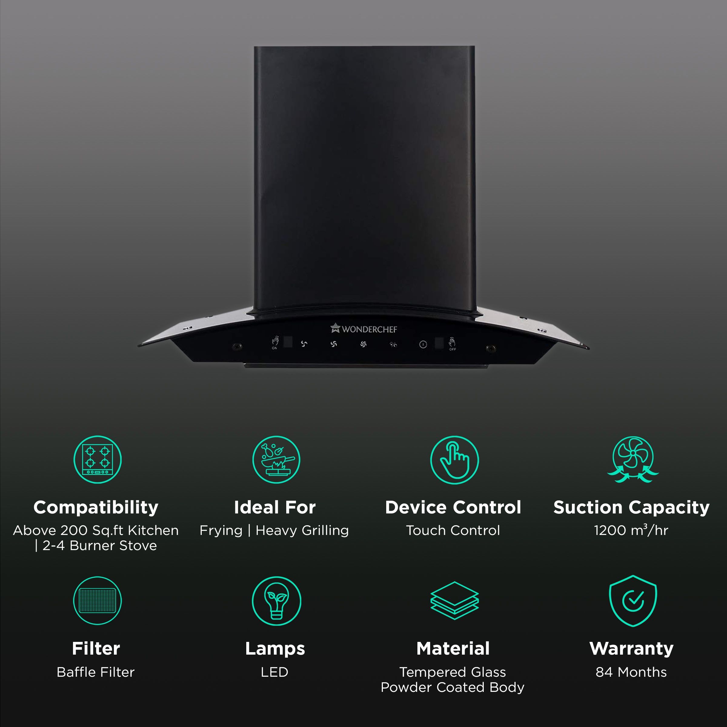 WONDERCHEF Ultima 60cm 1200m3/hr Ducted Auto Clean Wall Mounted Chimney with Touch Control (Black)_3