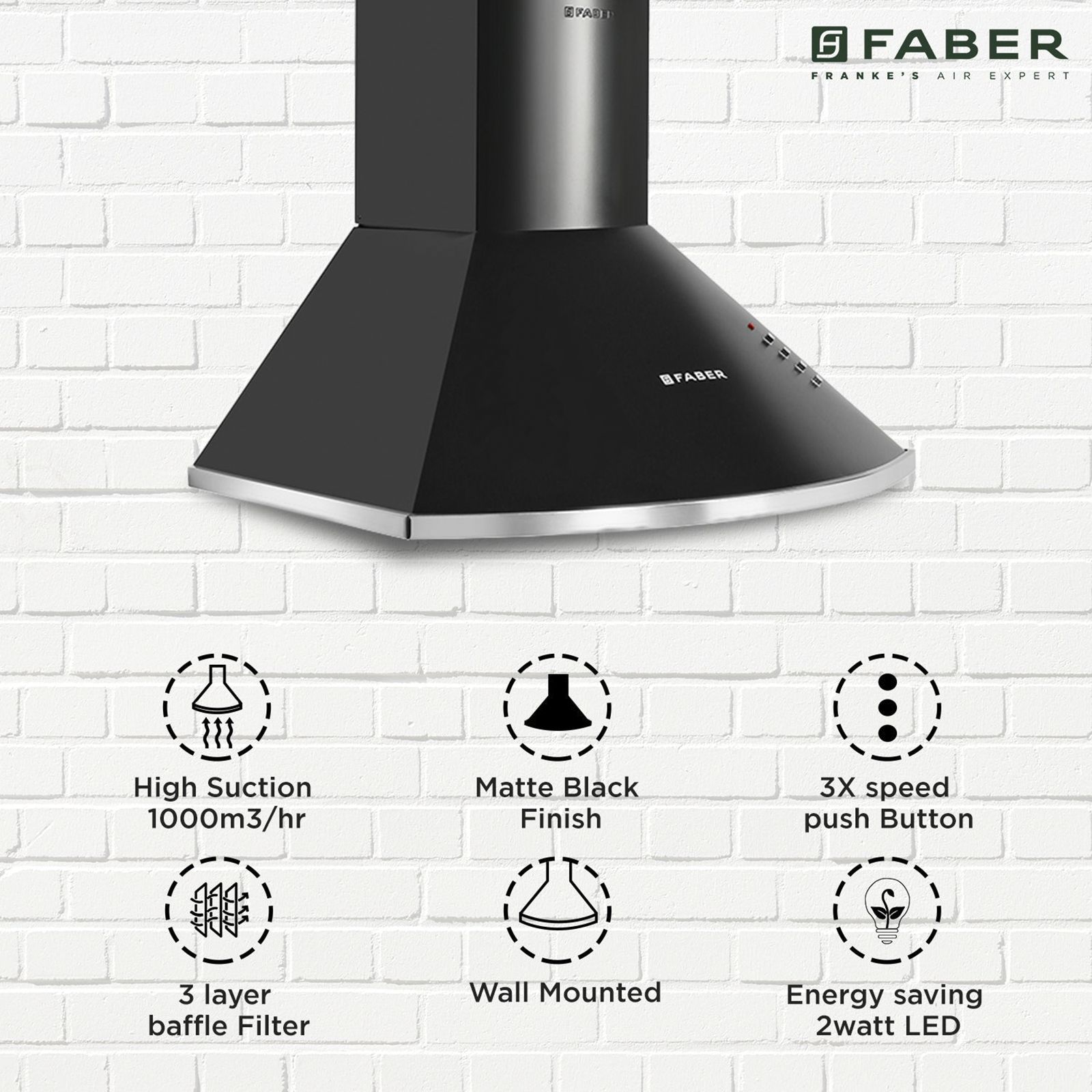 FABER CLASS PRO PB BK LTW 60cm 1000m3/hr Ducted Wall Mounted Chimney with Push Button Control (Black)_7