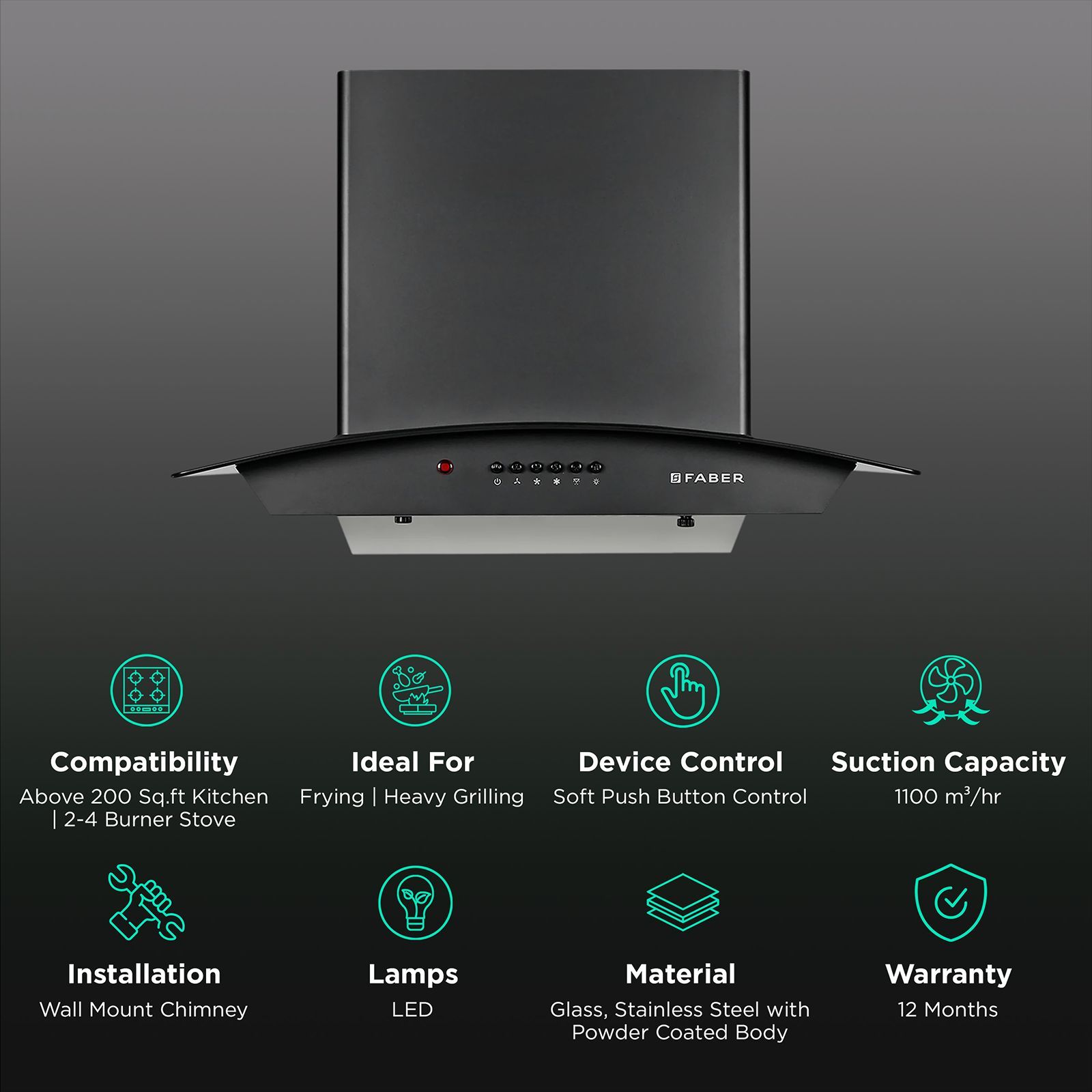 FABER ALPHA HC PB BK 60cm 1100m3/hr Ducted Auto Clean Wall Mounted Chimney with Soft Push Button (Black)_3