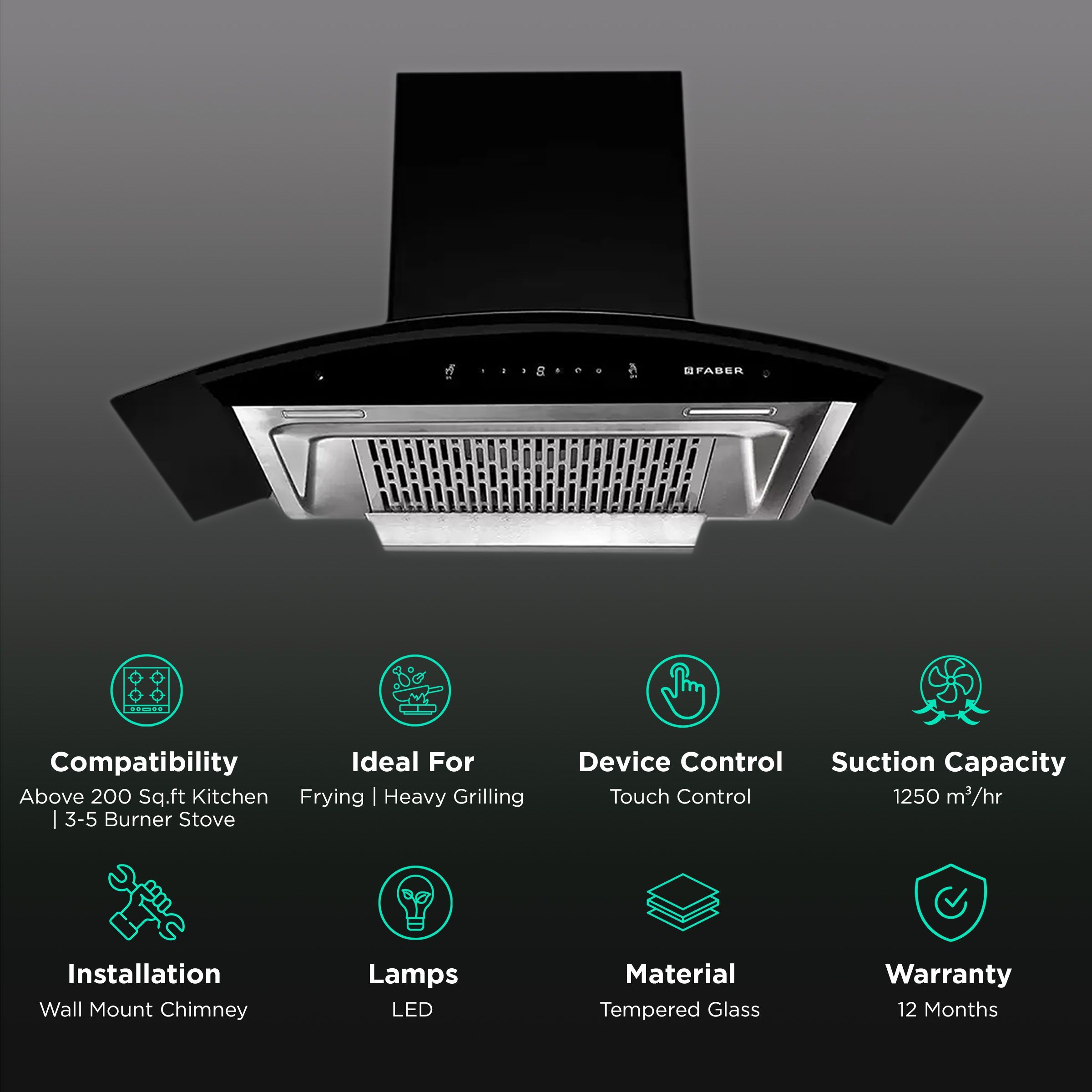 FABER EVEREST SMART IND HC SC BK 90cm 1250m3/hr Ducted Auto Clean Wall Mounted Chimney with Touch Control Panel (Black)_3