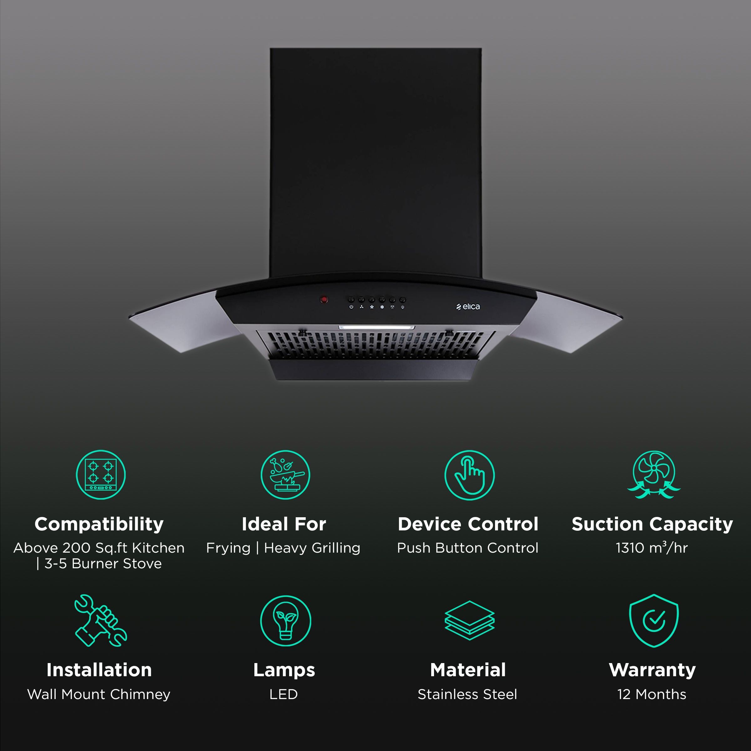 elica FLCG PB 900 HAC NERO 90cm 1310m3/hr Ducted Auto Clean Wall Mounted Chimney with Push Button Control (Black)_3