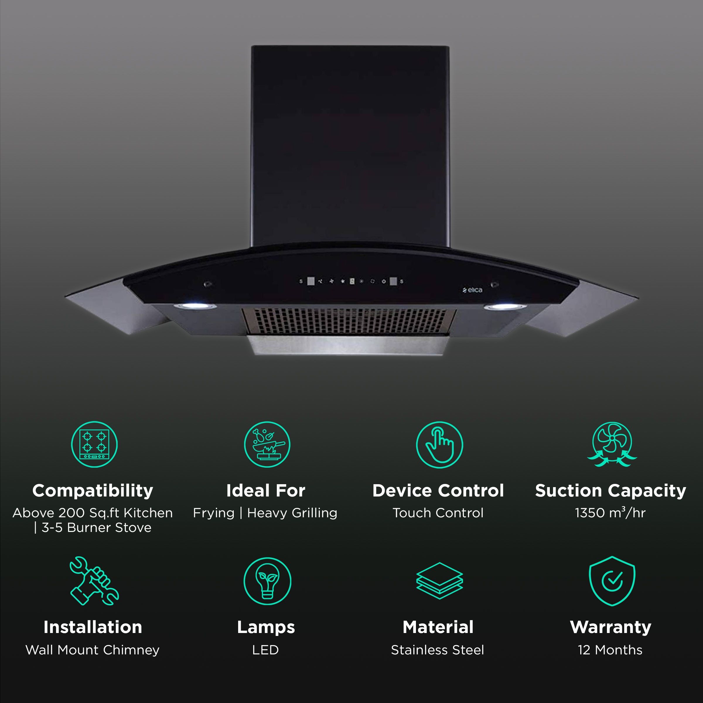 elica FLCG 900 HAC LTW MS NERO 90cm 1350m3/hr Ducted Auto Clean Wall Mounted Chimney with Touch Control Panel (Black)_3