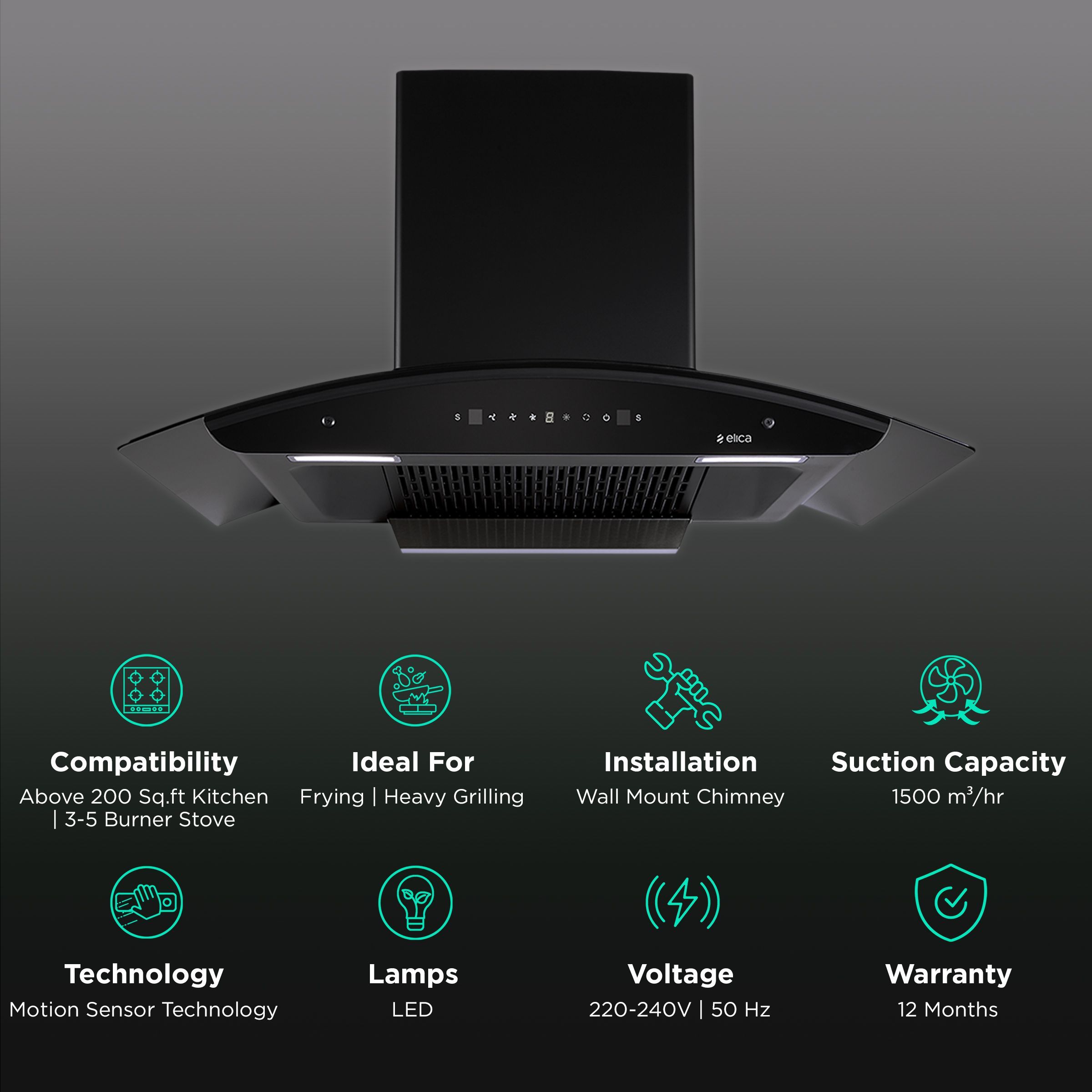 elica FLCG PLUS 900 HAC LTW MS NERO 90cm 1500m3/hr Ducted Auto Clean Wall Mounted Chimney with Motion Sensor (Black)_3