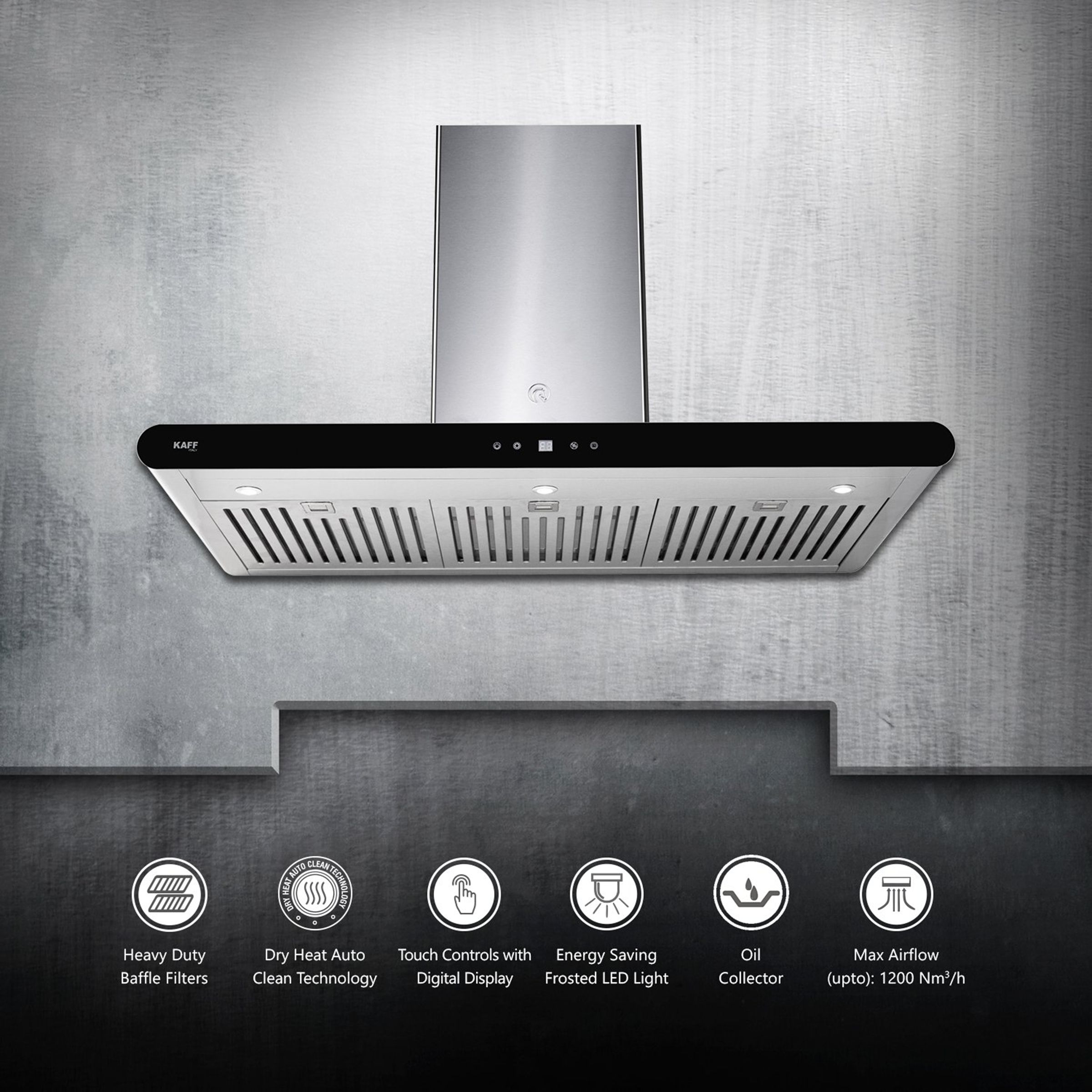 KAFF CANARY DHC BF 90cm 1200m3/hr Ducted Auto Clean Wall Mounted Chimney with Touch Control Panel (Steel)_6