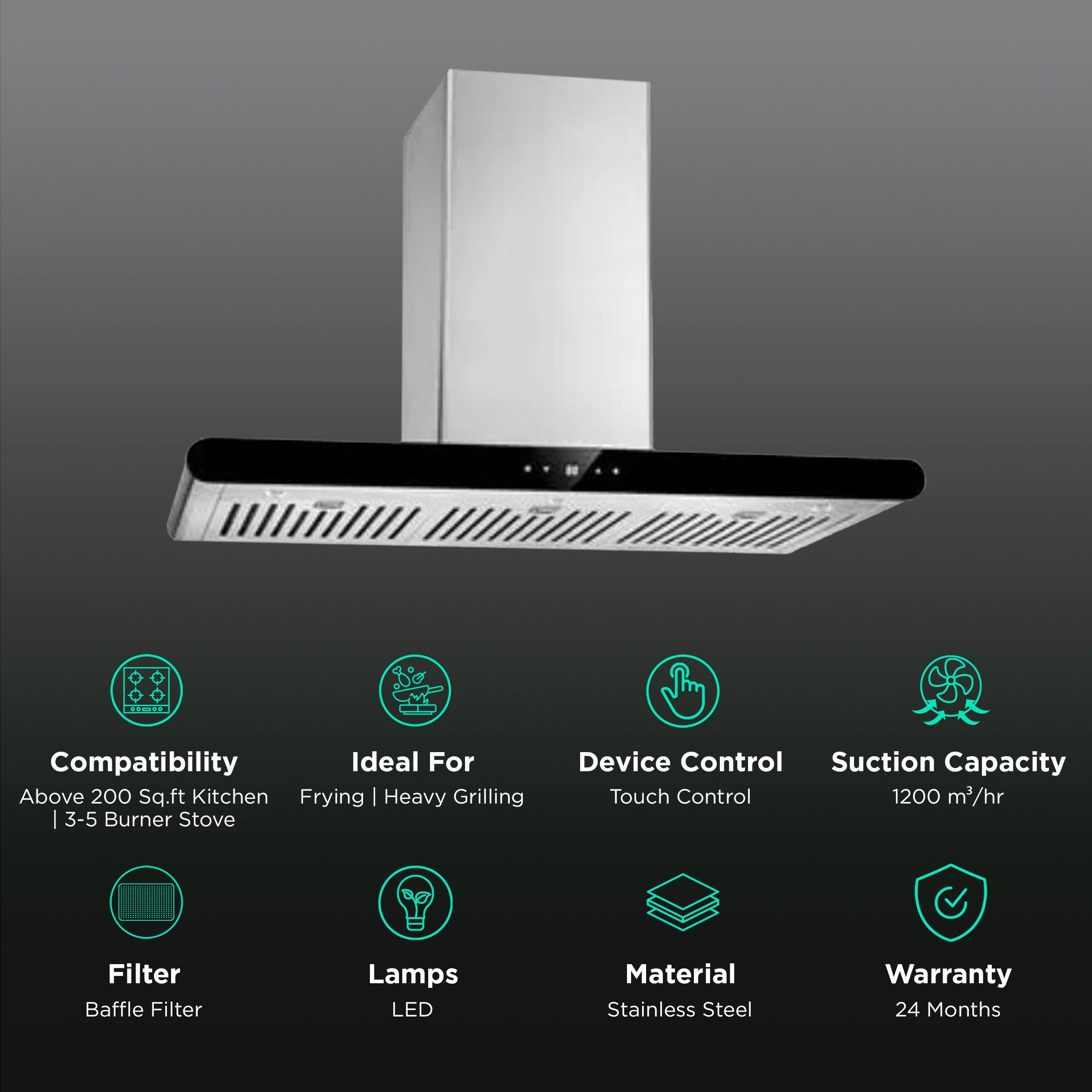 KAFF CANARY DHC BF 90cm 1200m3/hr Ducted Auto Clean Wall Mounted Chimney with Touch Control Panel (Steel)_3