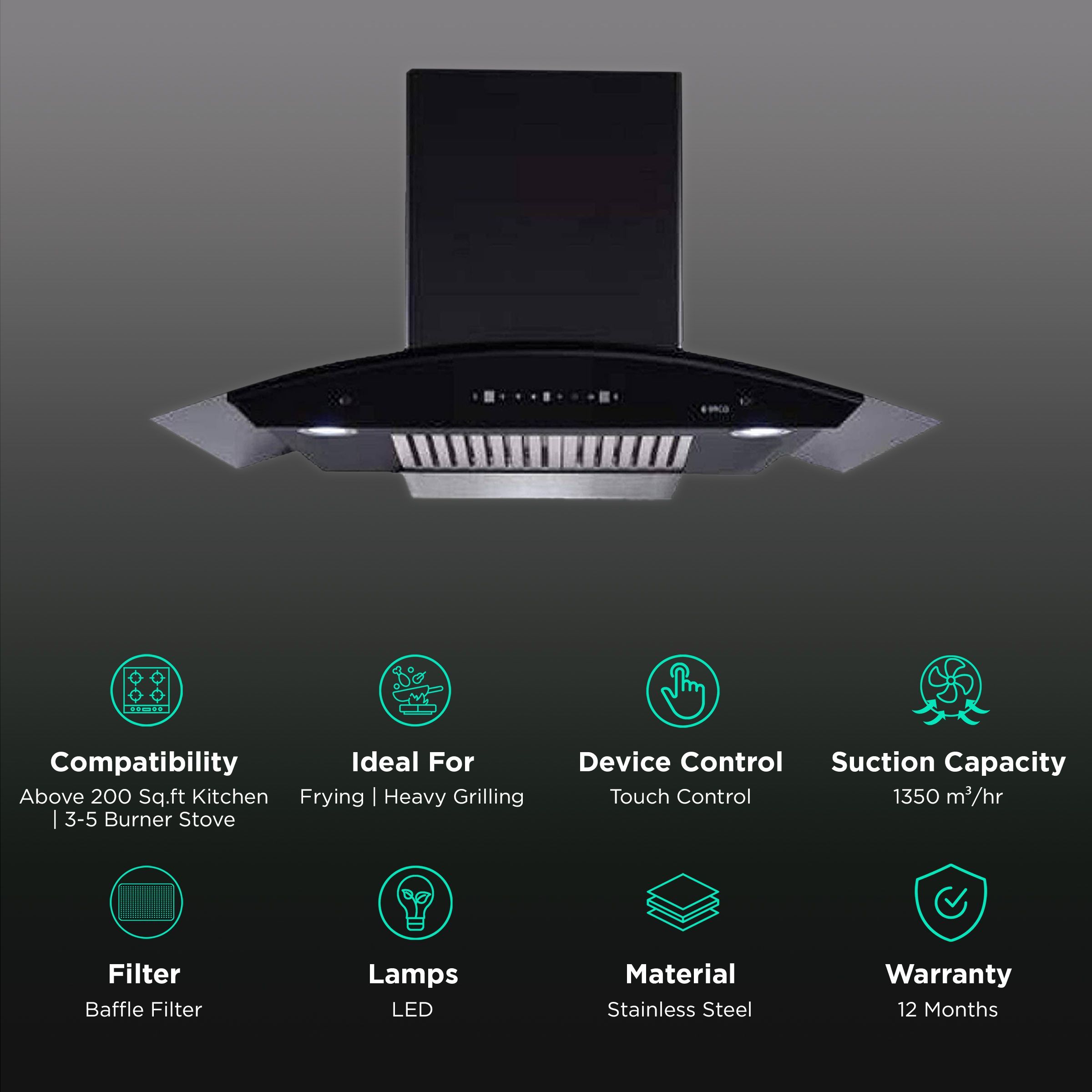 elica BFCG 900 HAC LTW MS NERO 90cm 1350m3/hr Ducted Auto Clean Wall Mounted Chimney with Touch Control Panel (Black)_3