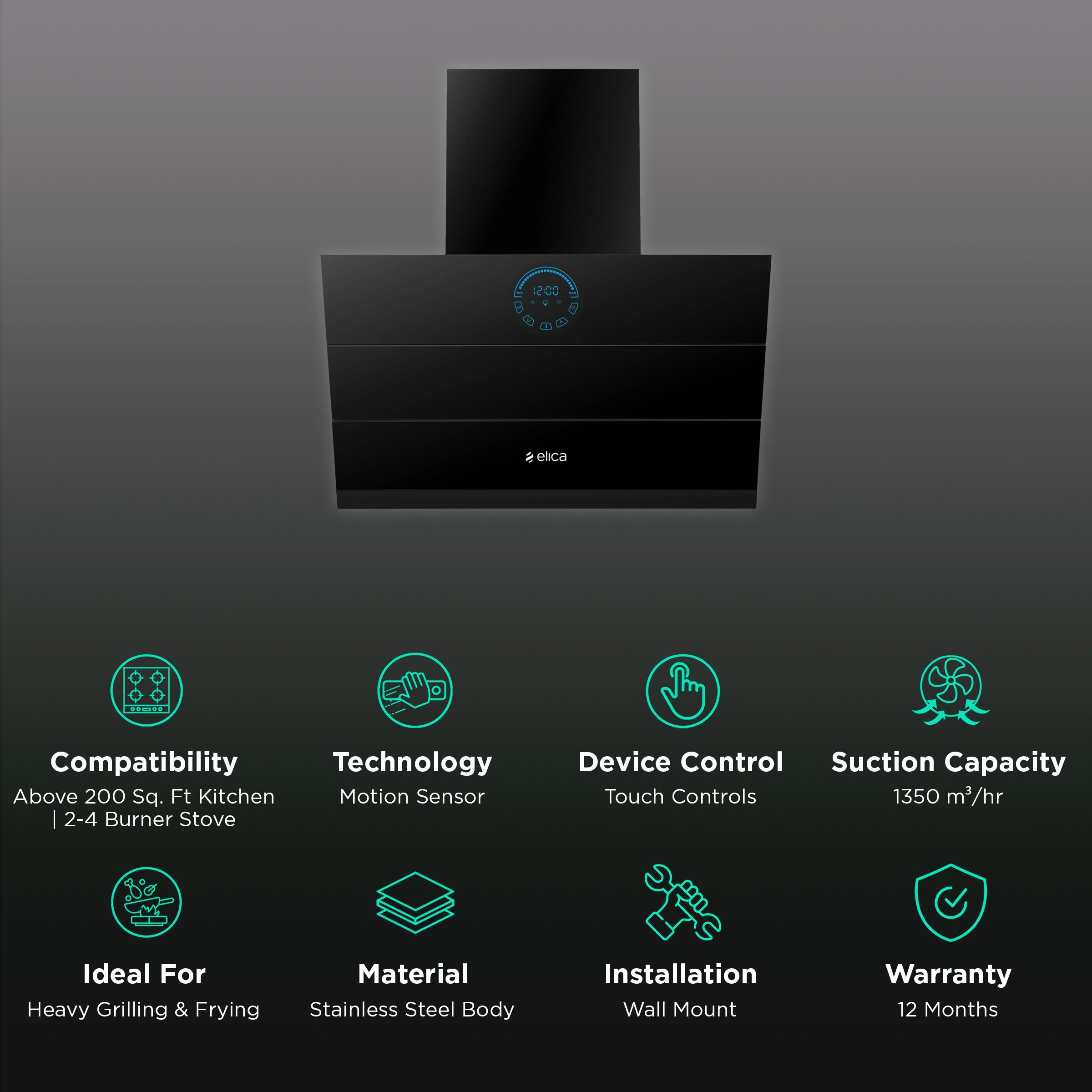 elica EFL 108 HAC LTW VMS 60 60cm 1350m3/hr Ducted Auto Clean Wall Mounted Chimney with Touch Control Panel (Black)_3