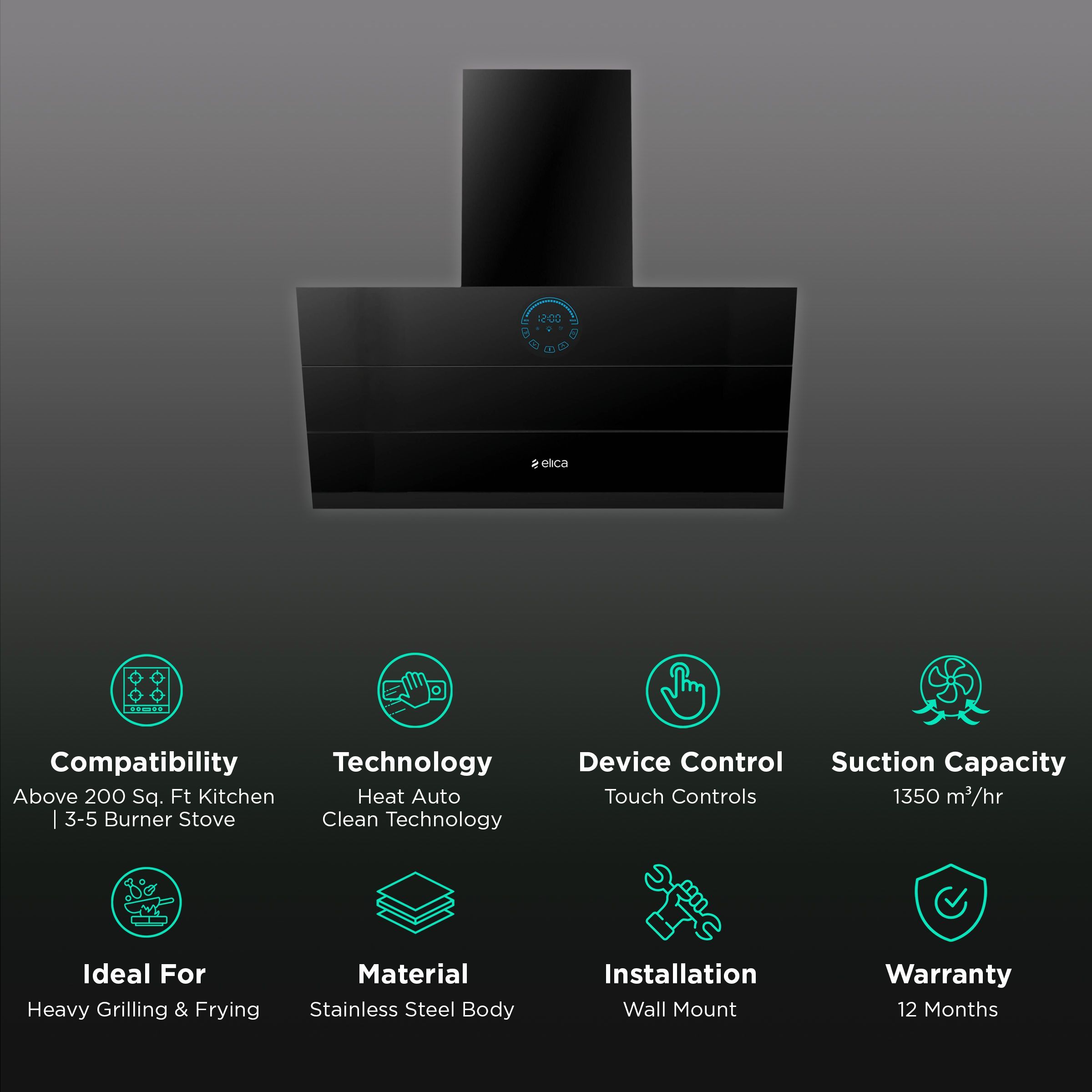 elica EFL 108 HAC LTW VMS 90 90cm 1350m3/hr Ducted Auto Clean Wall Mounted Chimney with Touch Control Panel (Black)_3
