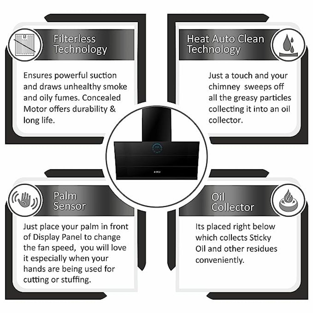 elica EFL 108 HAC LTW VMS 90 90cm 1350m3/hr Ducted Auto Clean Wall Mounted Chimney with Touch Control Panel (Black)_4