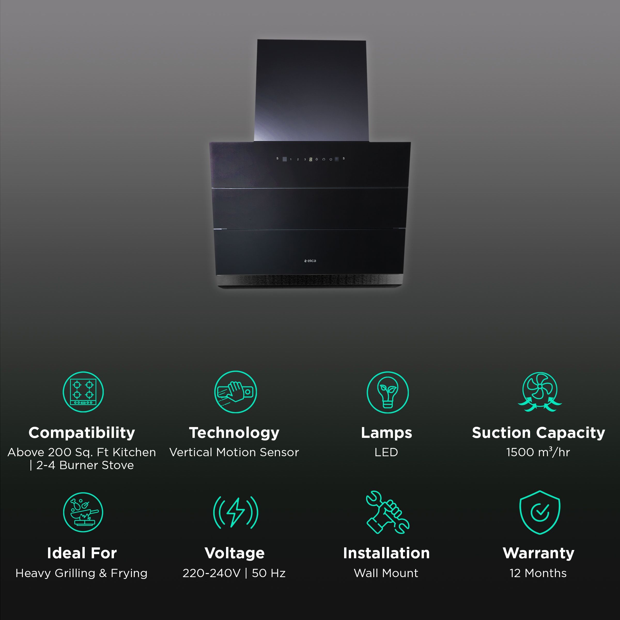 elica EFL S 601 ULTRA HAC LTW VMS 60cm 1500m3/hr Ducted Wall Mounted Chimney with LED Lamp (Black)_3