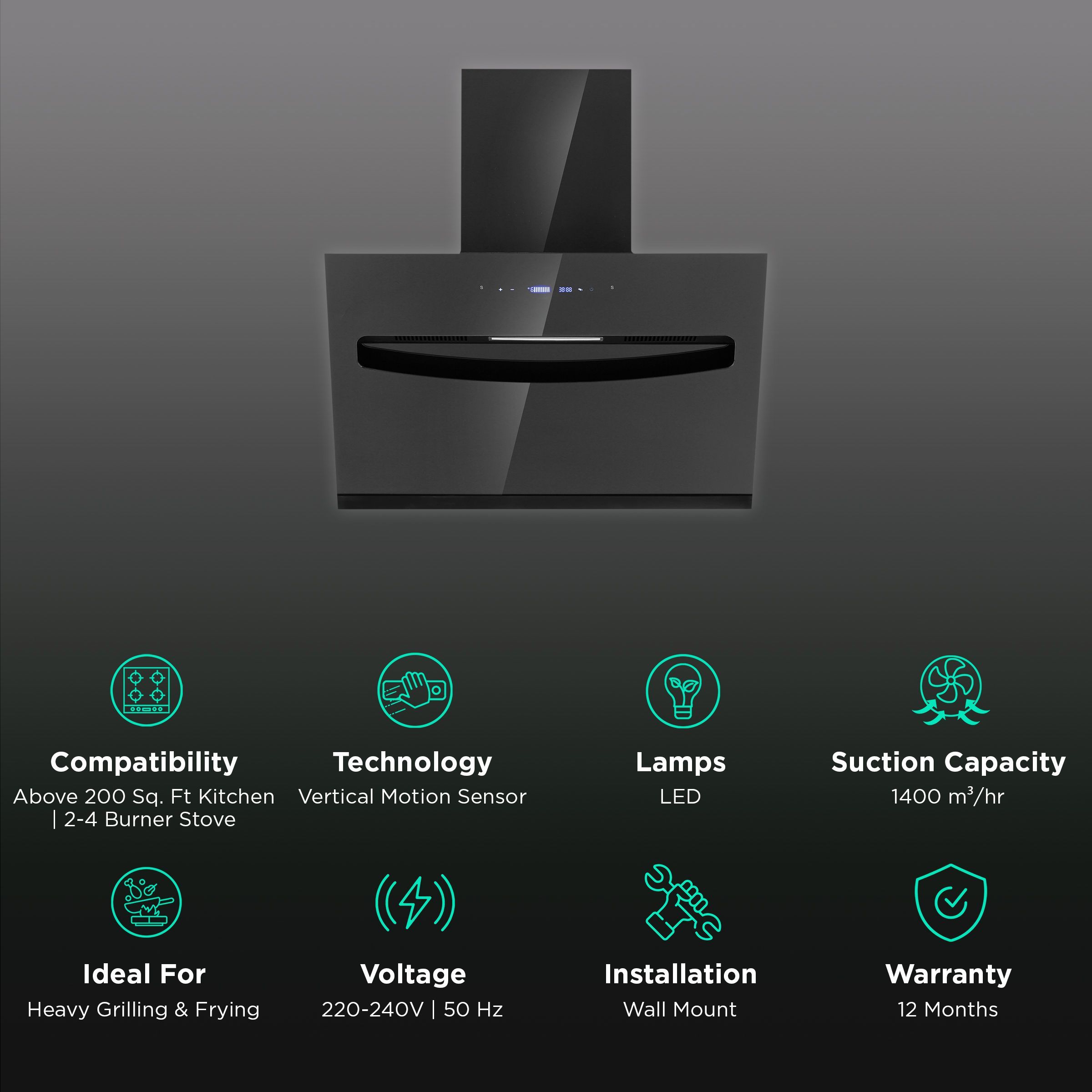 elica EFL S 607 BLDC HAC LTW VMS 60cm 1400m3/hr Ducted Auto Clean Wall Mounted Chimney with Vertical Motion Sensor (Black)_3