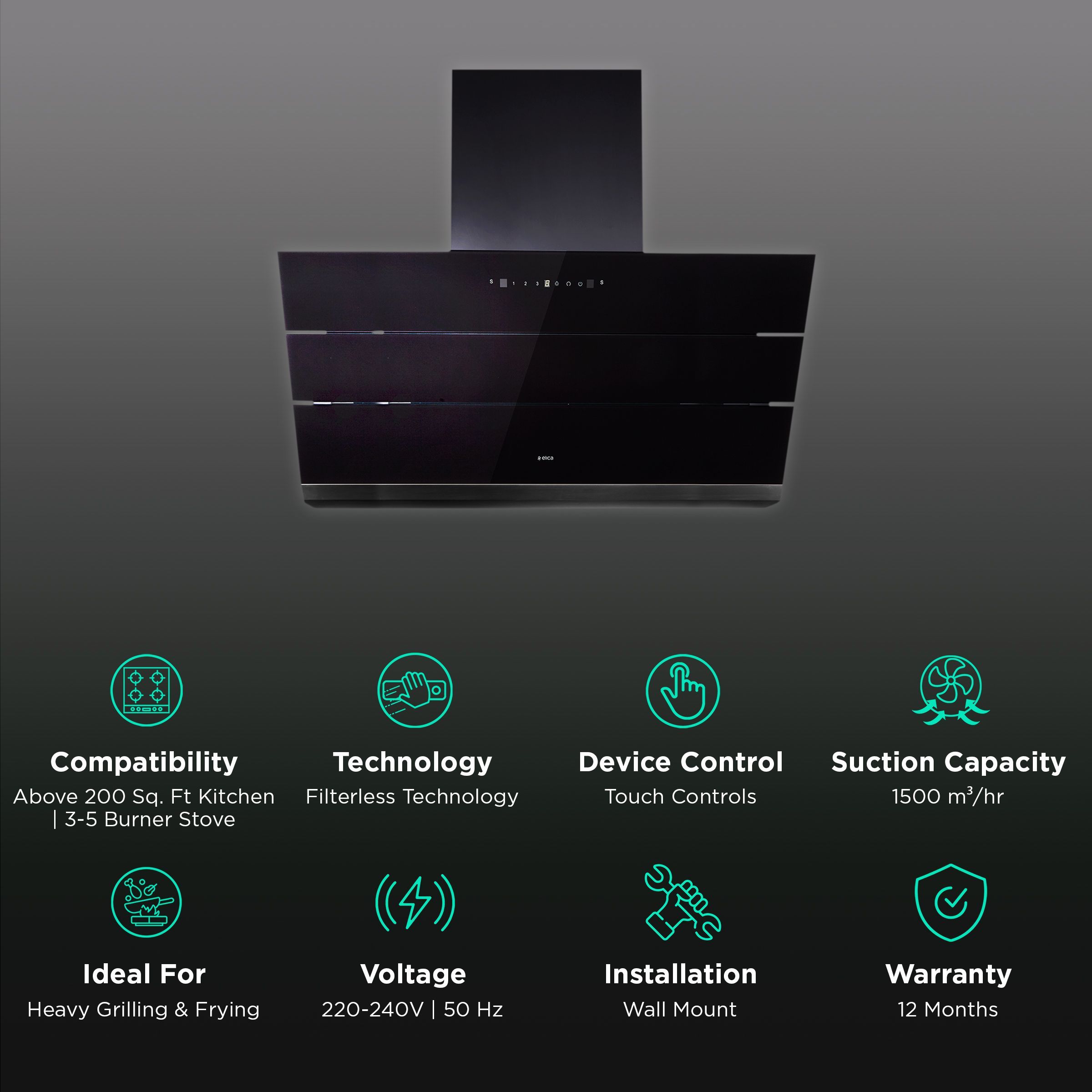 elica EFL S 901 ULTRA HAC LTW VMS 90cm 1500m3/hr Ductless Auto Clean Wall Mounted Chimney with Touch Control Panel (Black)_3