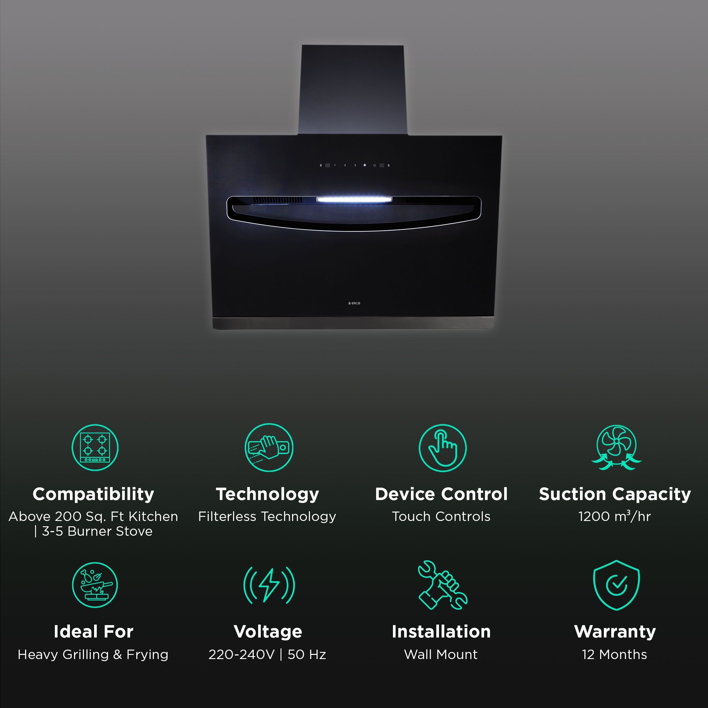 elica EFL S 907 HAC LTW VMS 90cm 1200m3/hr Ducted Auto Clean Wall Mounted Chimney with Touch Control Panel (Black)_3