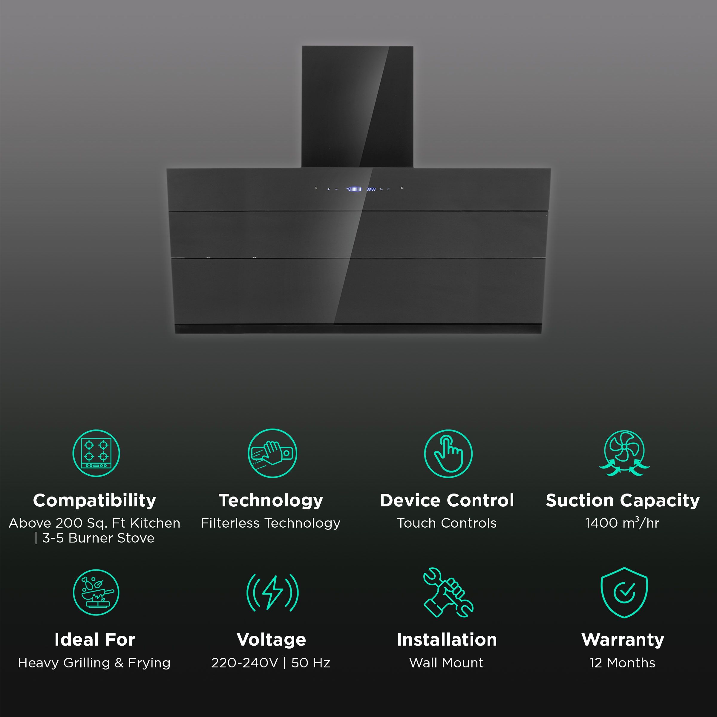 elica EFL S 911 BLDC HAC LTW VMS 90cm 1400m3/hr Ducted Auto Clean Wall Mounted Chimney with Touch Control Panel (Black)_3