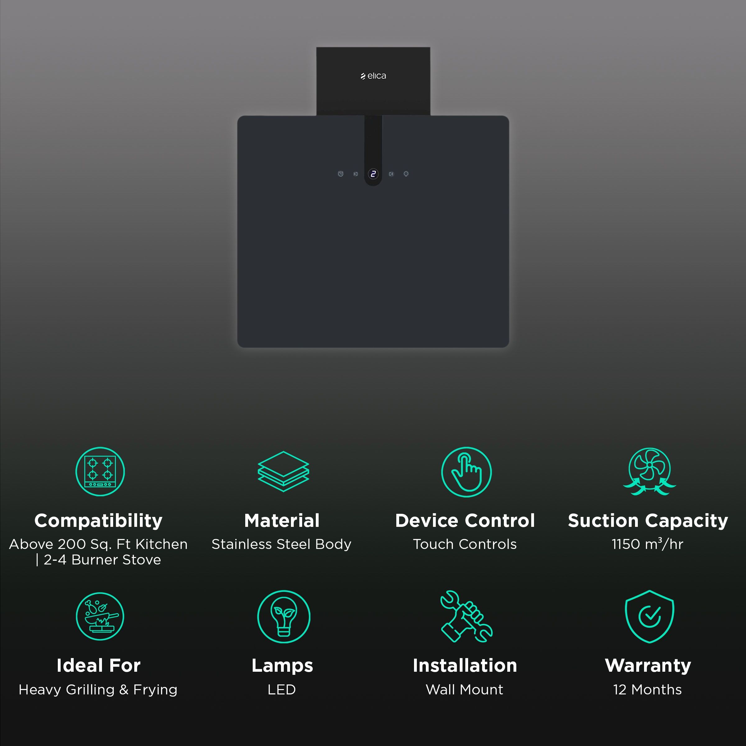 elica SLIM BLDC 60 NERO 60cm 1150m3/hr Ducted Wall Mounted Chimney with Touch Control Panel (Black)_3