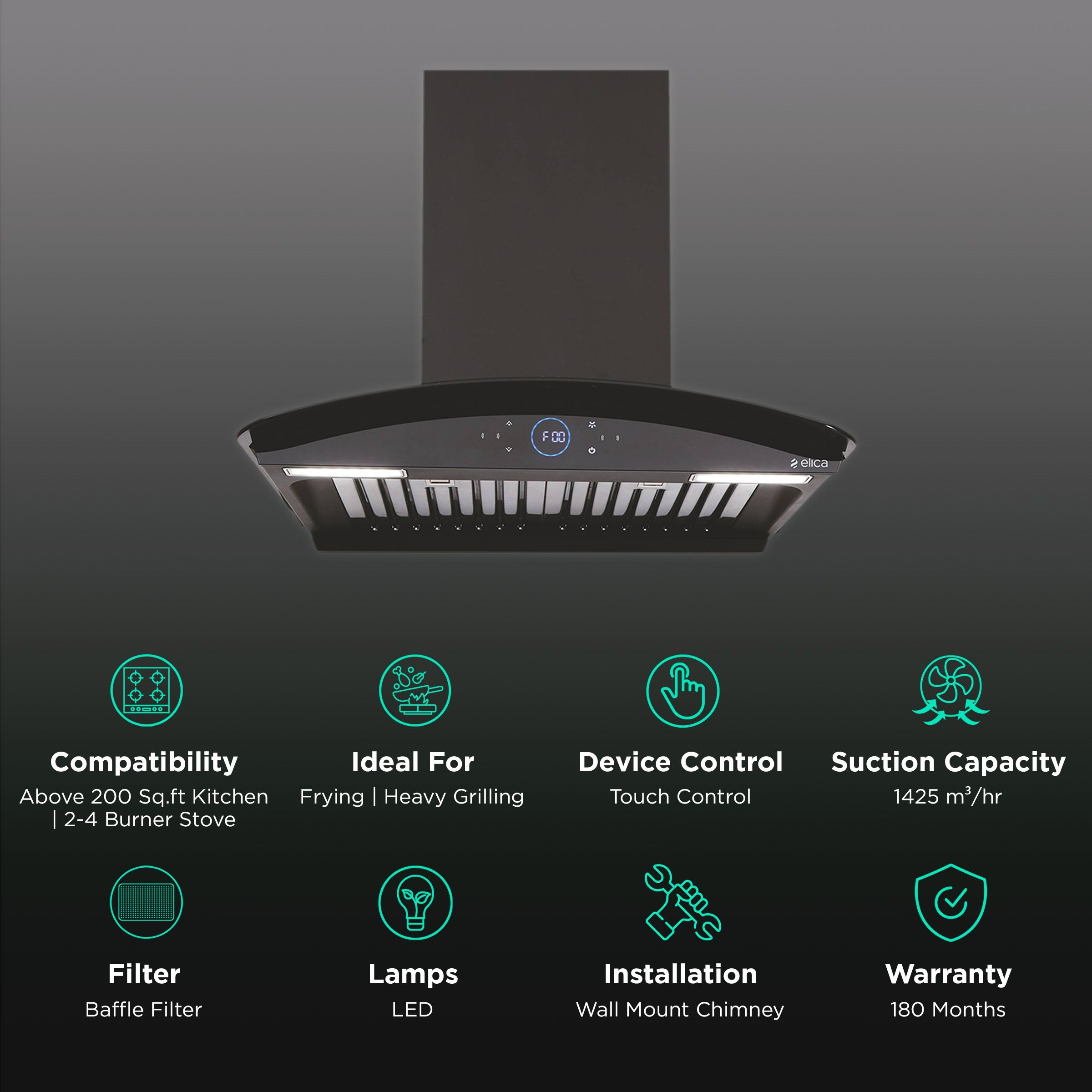 elica ISMART GLACE HAC BF LTW 60 NERO 60cm 1425m3/hr Ducted Auto Clean Wall Mounted Chimney with Touch Control Panel (Black)_3