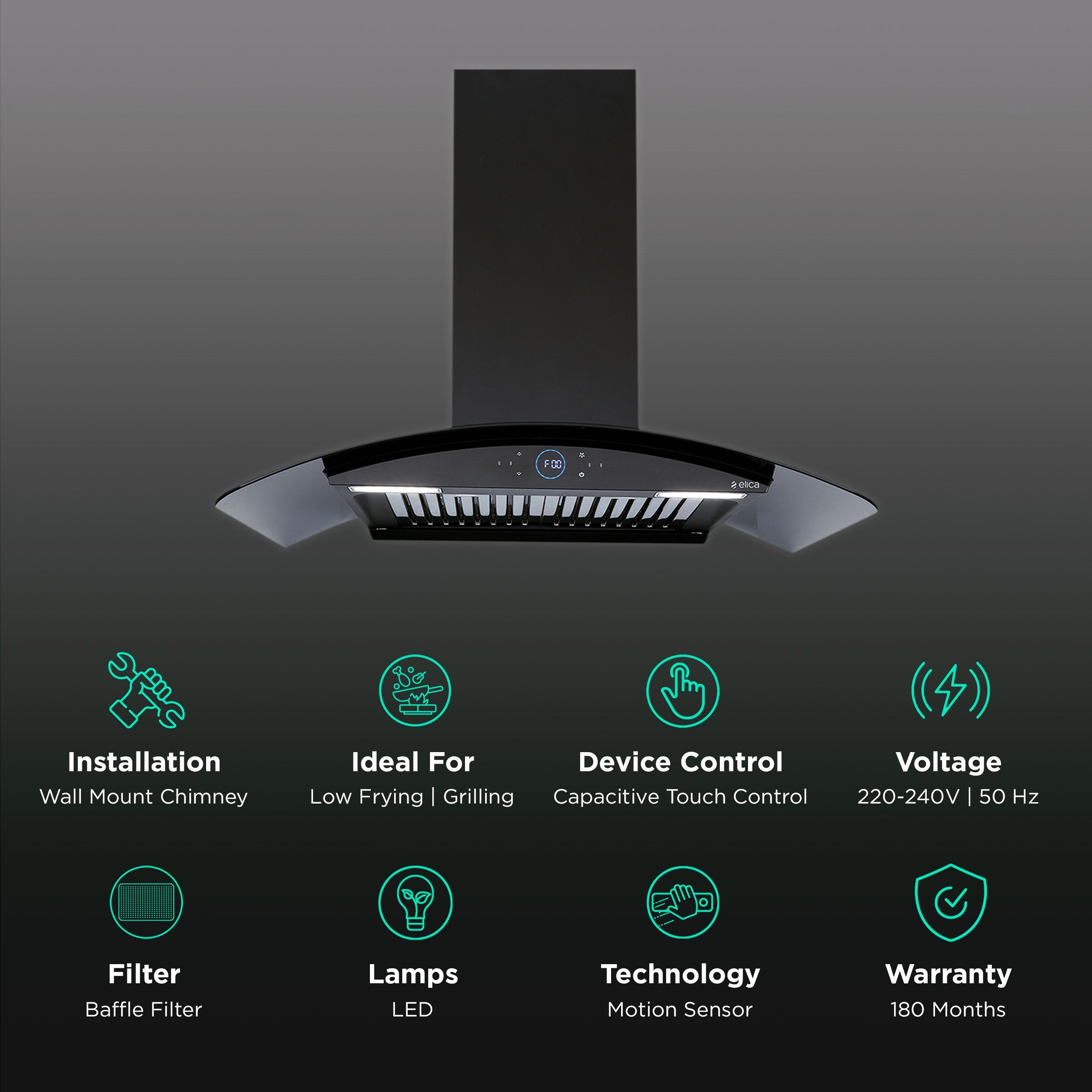 elica ISMART GLACE HAC BF LTW 75 NERO 75cm Ductless Wall Mounted Chimney with Capacitive Touch Controls (Black)_3