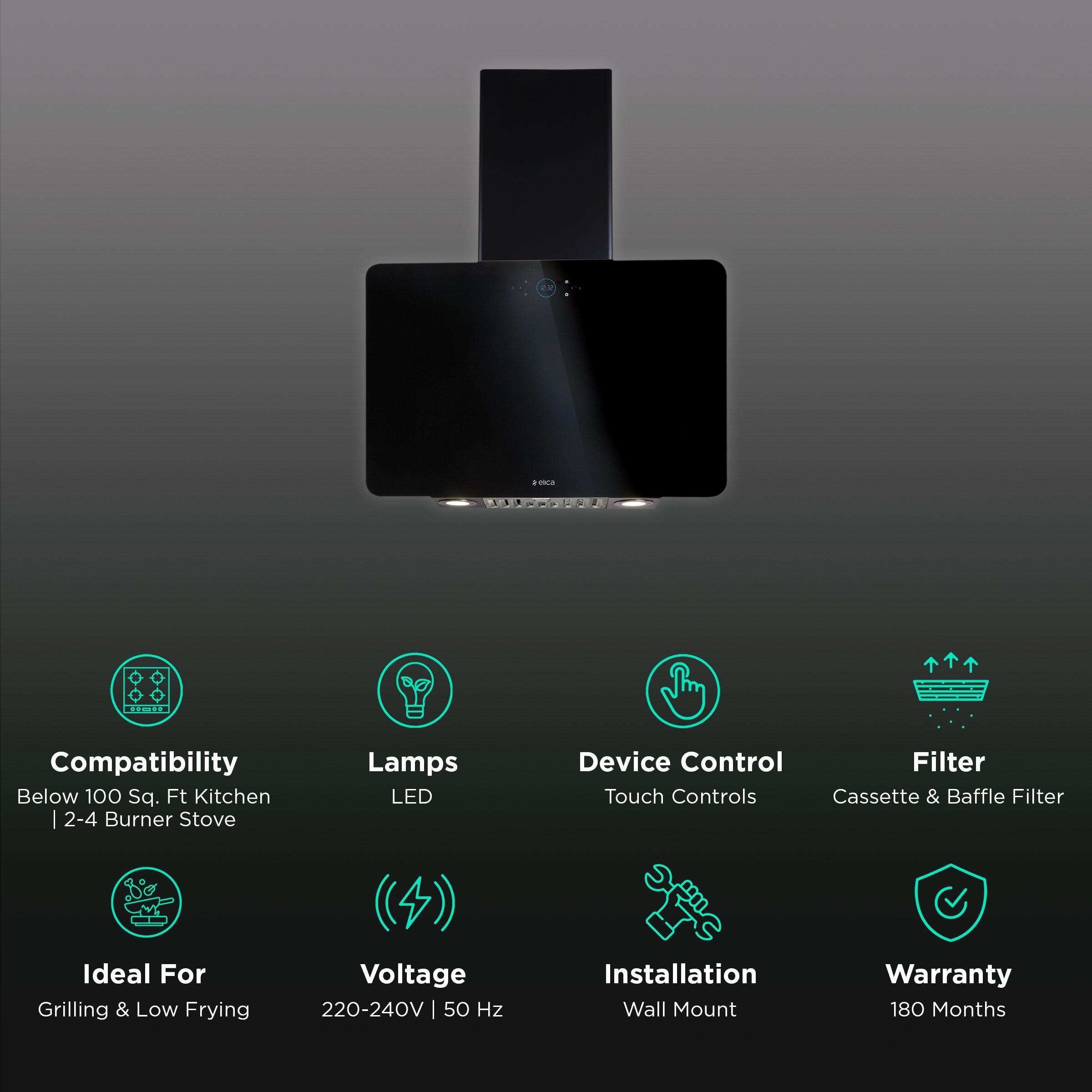 elica ISMART KITTY LTW 60 NERO 60cm Ducted Wall Mounted Chimney with Touch Control Panel (Black)_3