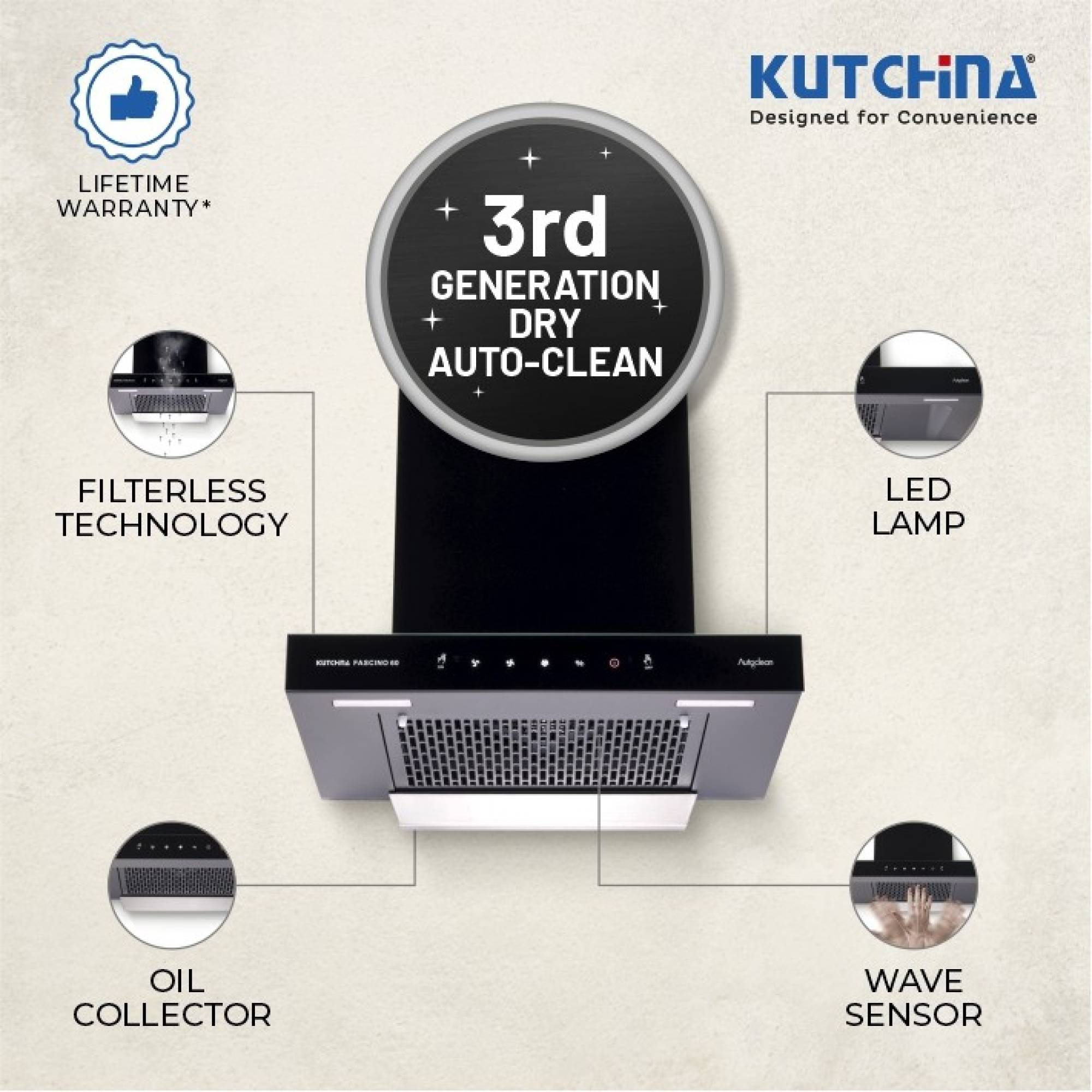 Kutchina Fascino 60cm 1250m3/hr Ducted Auto Clean Wall Mounted Chimney with Wave Sensor (Black)_7